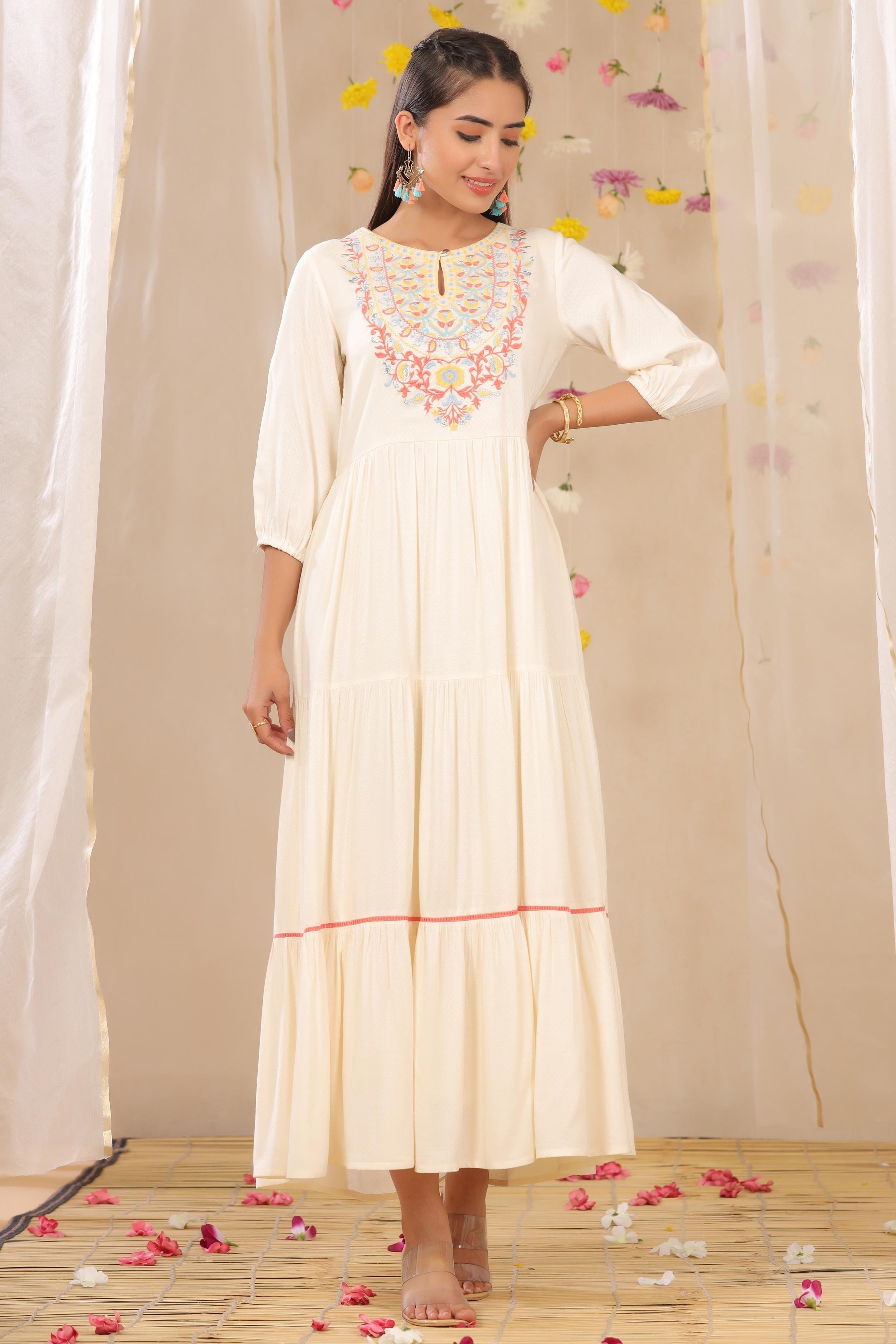 Off-White Embroidered Rayon Dobby Maxi Dress with Lace Work