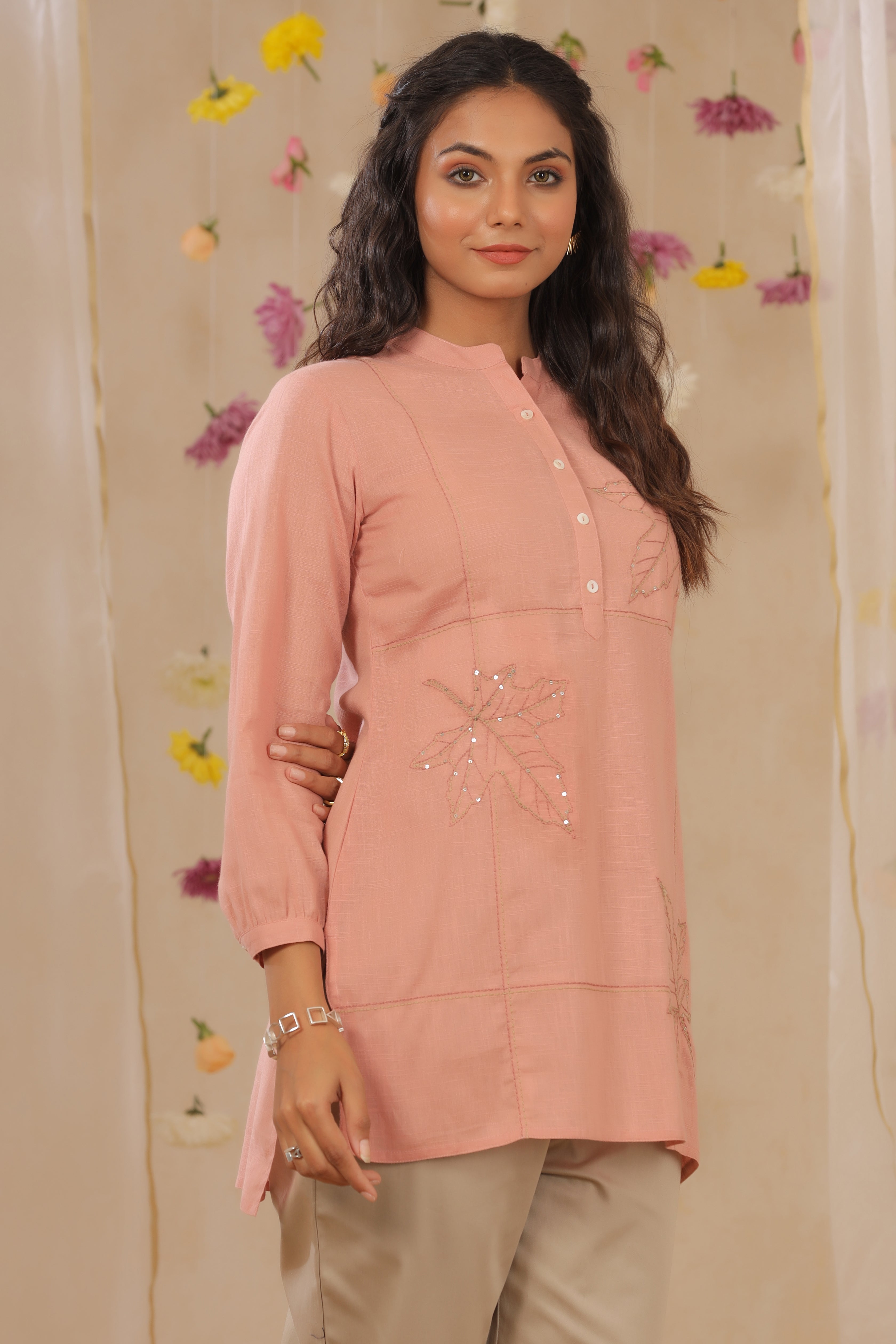 Juniper Peach Embroidered Cotton Slub High-Low Tunic