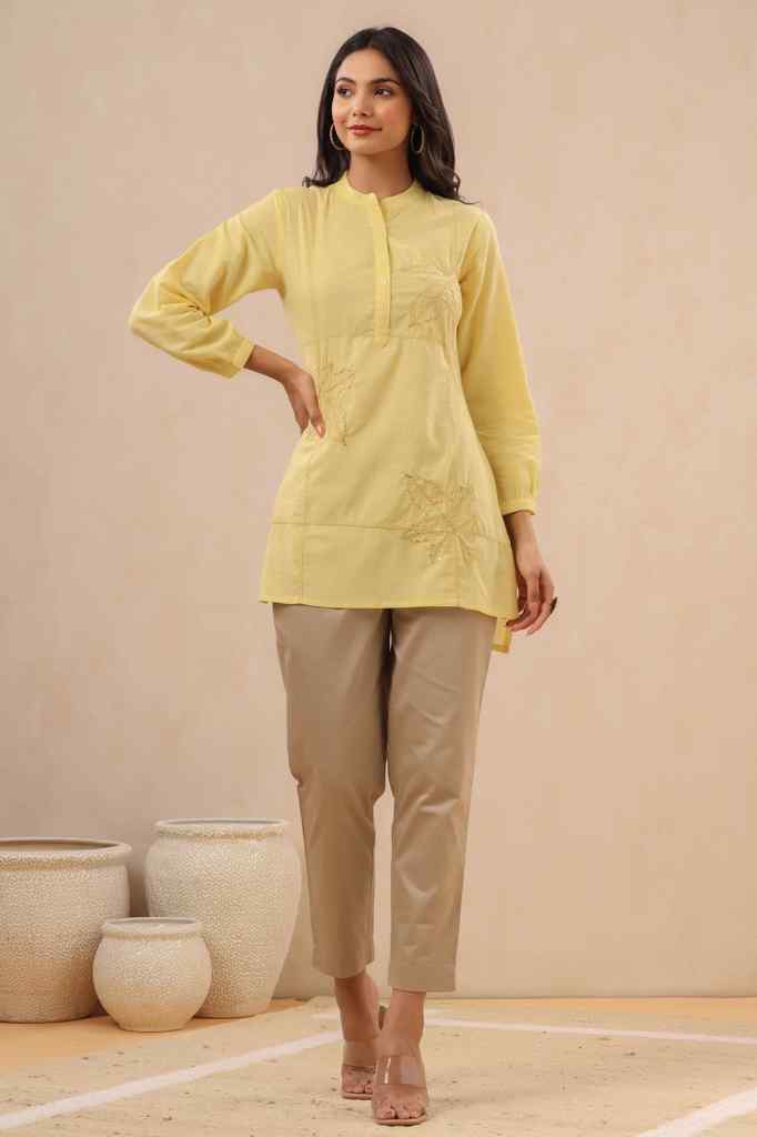 Juniper Yellow Ethnic Motif Printed Cotton Slub Kurta With Thread & Sequins Work Embroidery