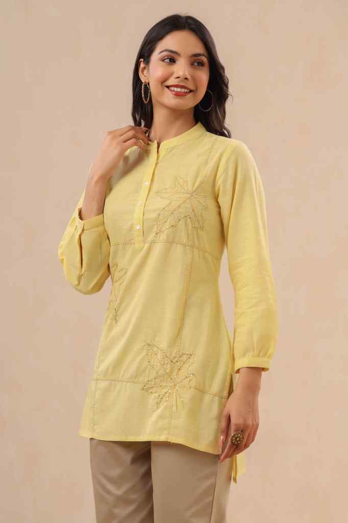 Juniper Yellow Ethnic Motif Printed Cotton Slub Kurta With Thread & Sequins Work Embroidery