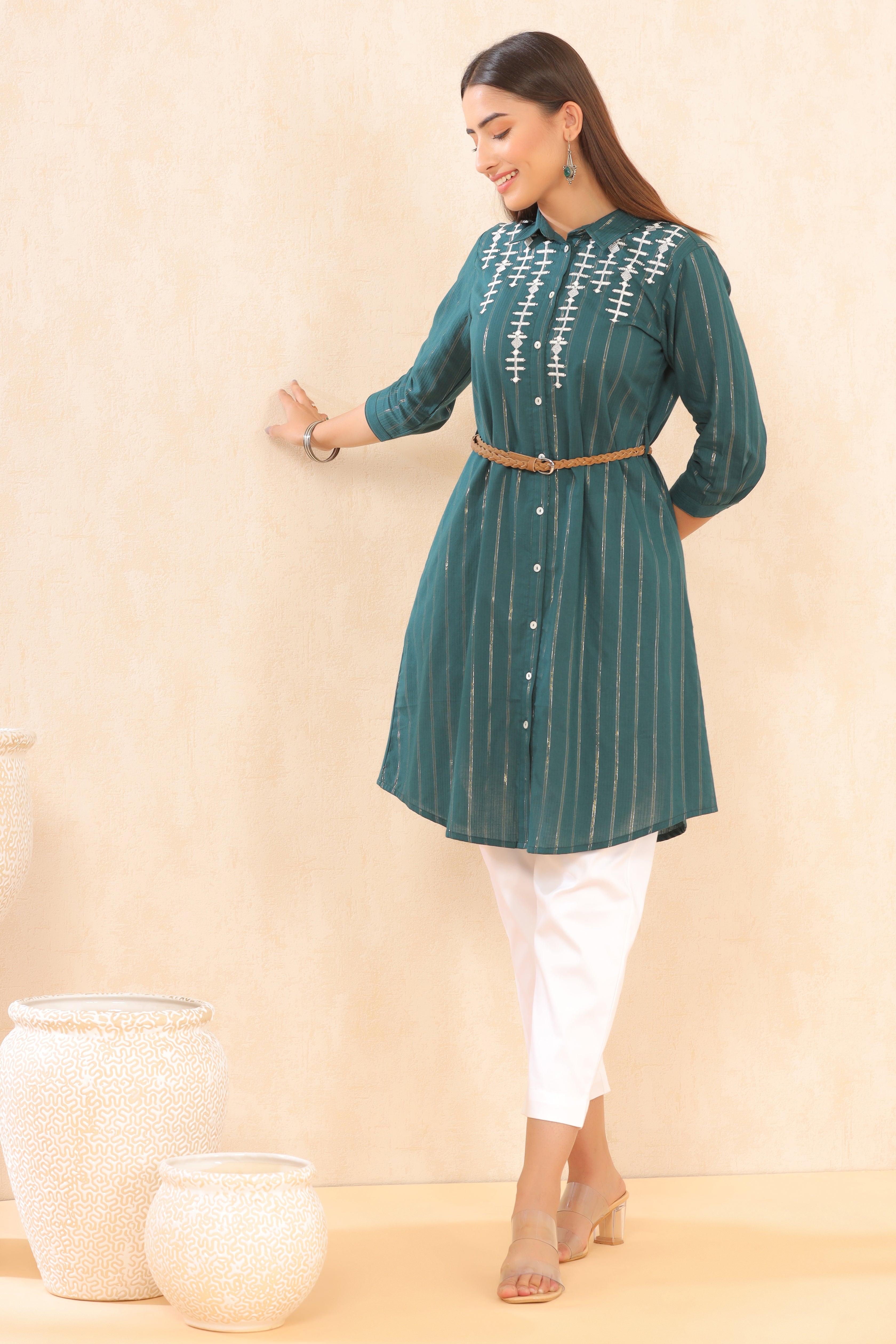 Juniper Teal Embroidered Cotton Lurex Short Dress with Buttons closure