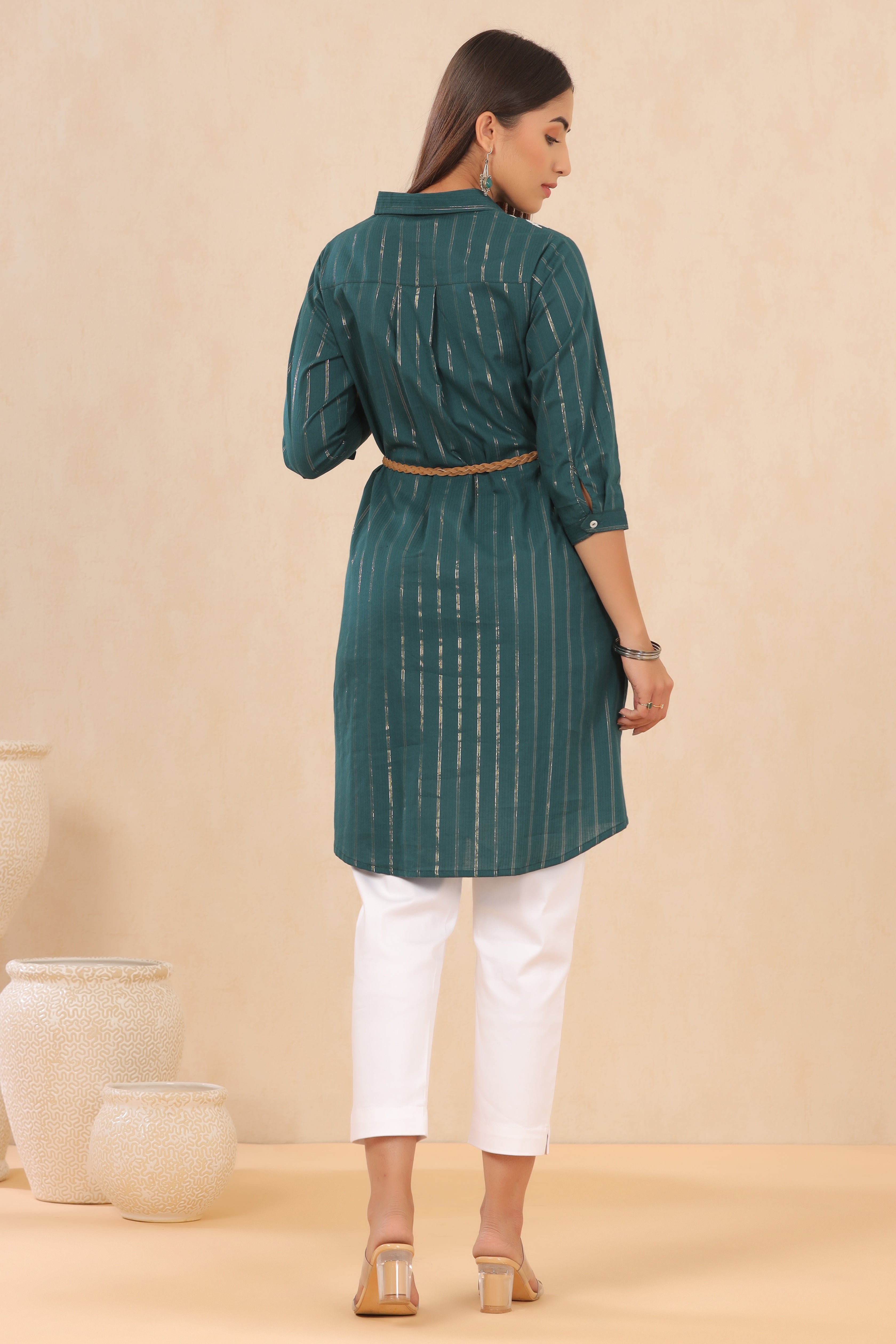 Juniper Teal Embroidered Cotton Lurex Short Dress with Buttons closure