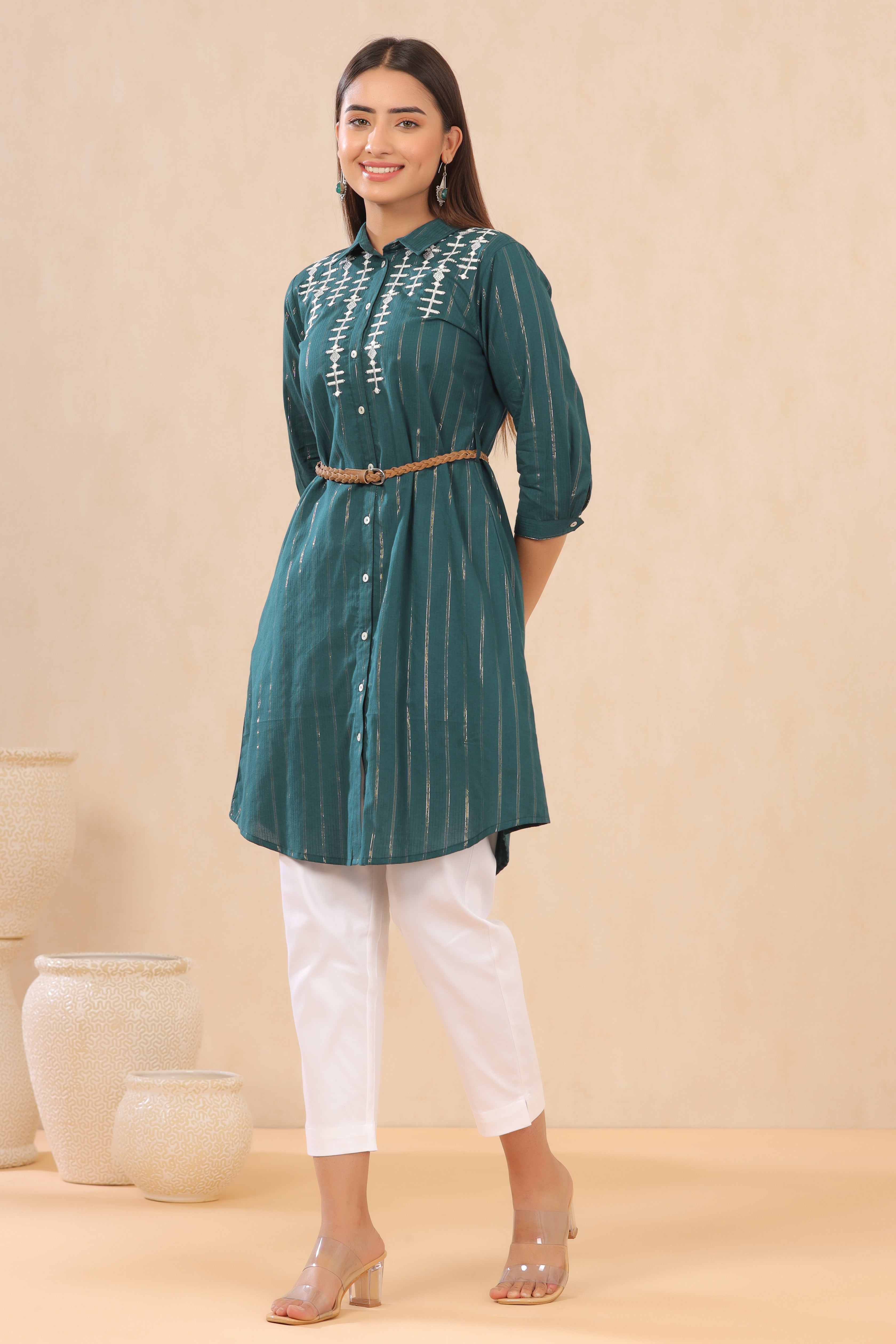 Juniper Teal Embroidered Cotton Lurex Short Dress with Buttons closure