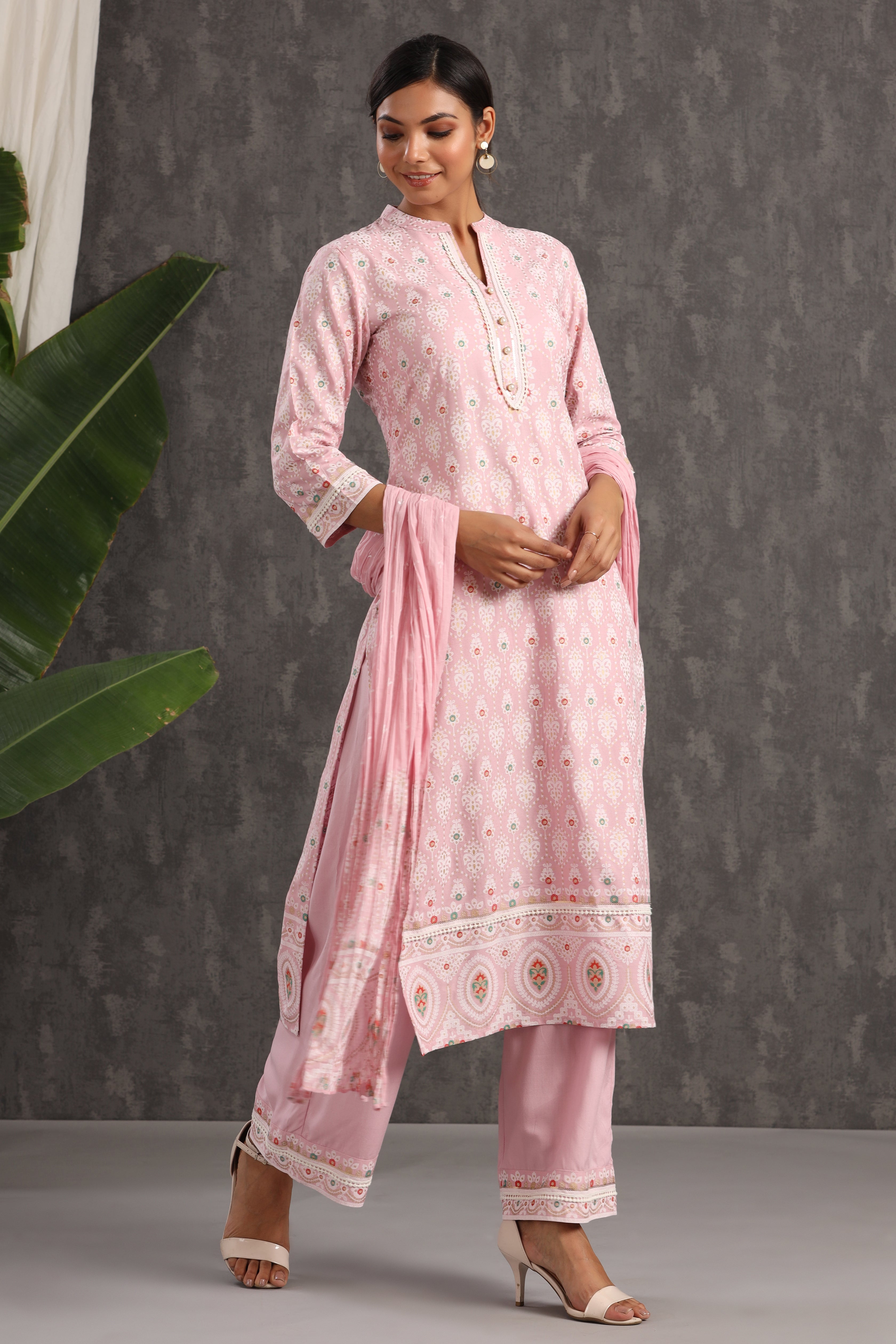 Juniper Pink Ethnic Motif Printed Rayon Kurta Palazzo & Cotton Voile Dupatta Set