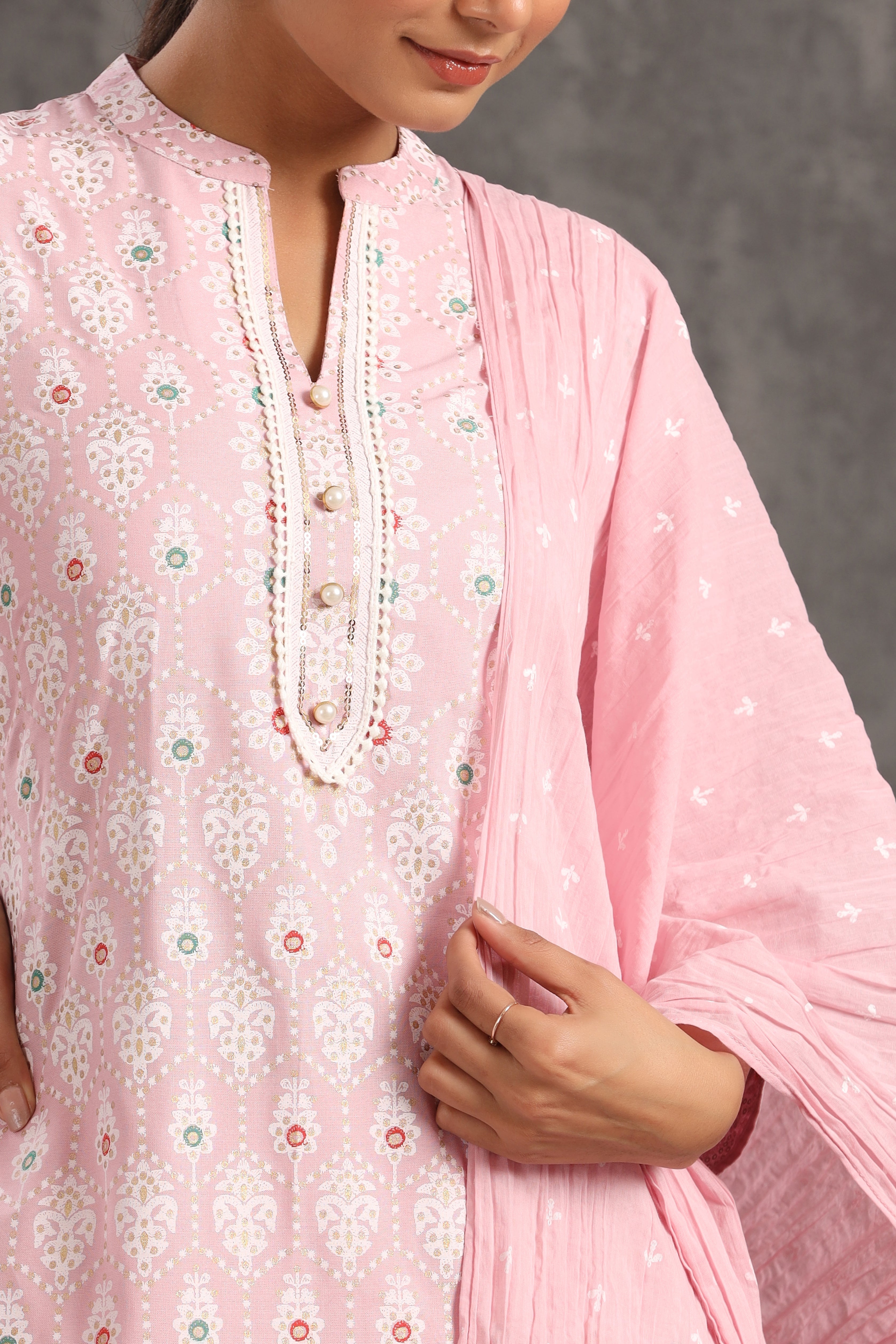 Juniper Pink Ethnic Motif Printed Rayon Kurta Palazzo & Cotton Voile Dupatta Set