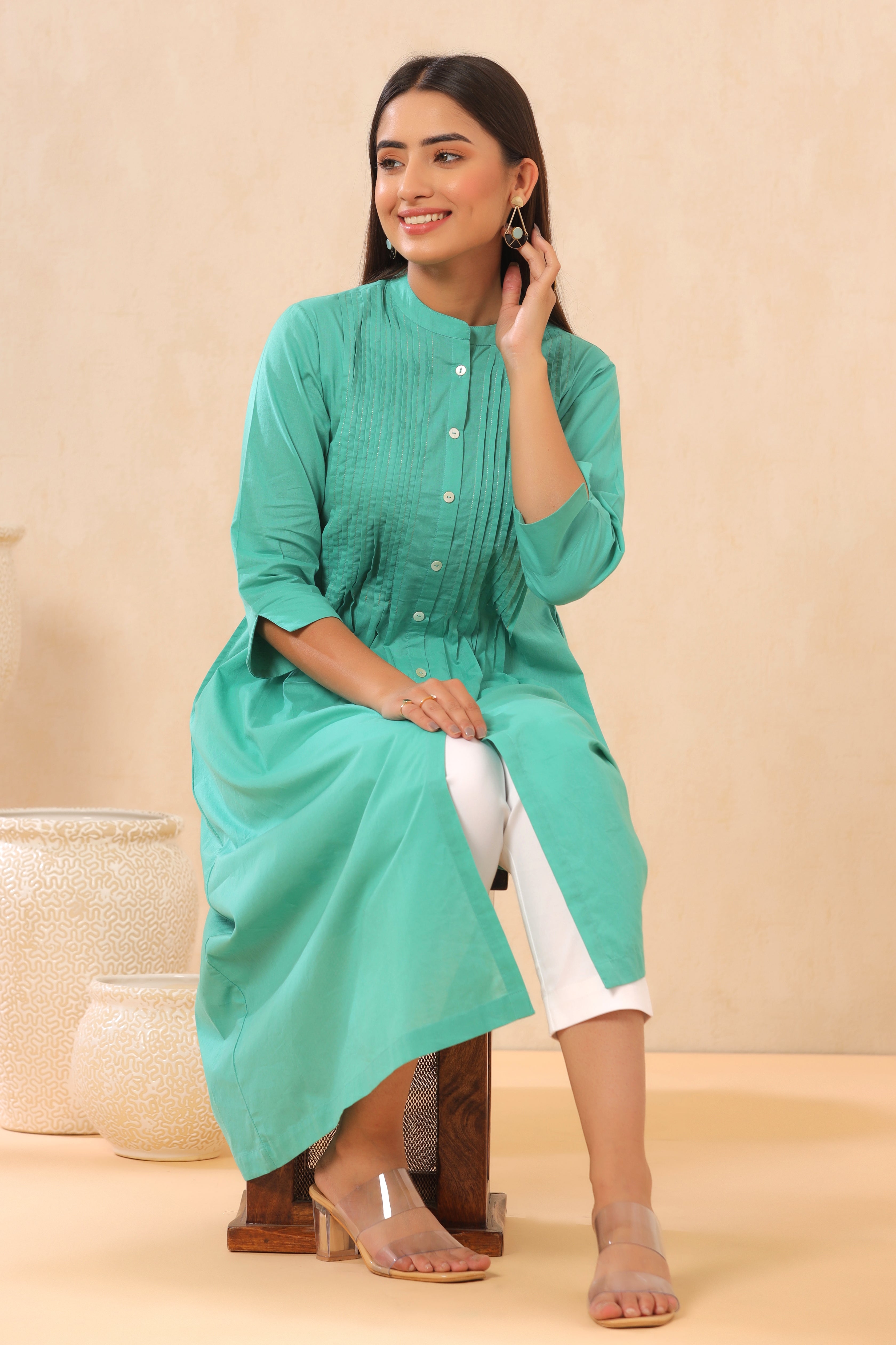 Juniper Turquoise Solid Pure Cotton A-Line Kurta with pleats at front