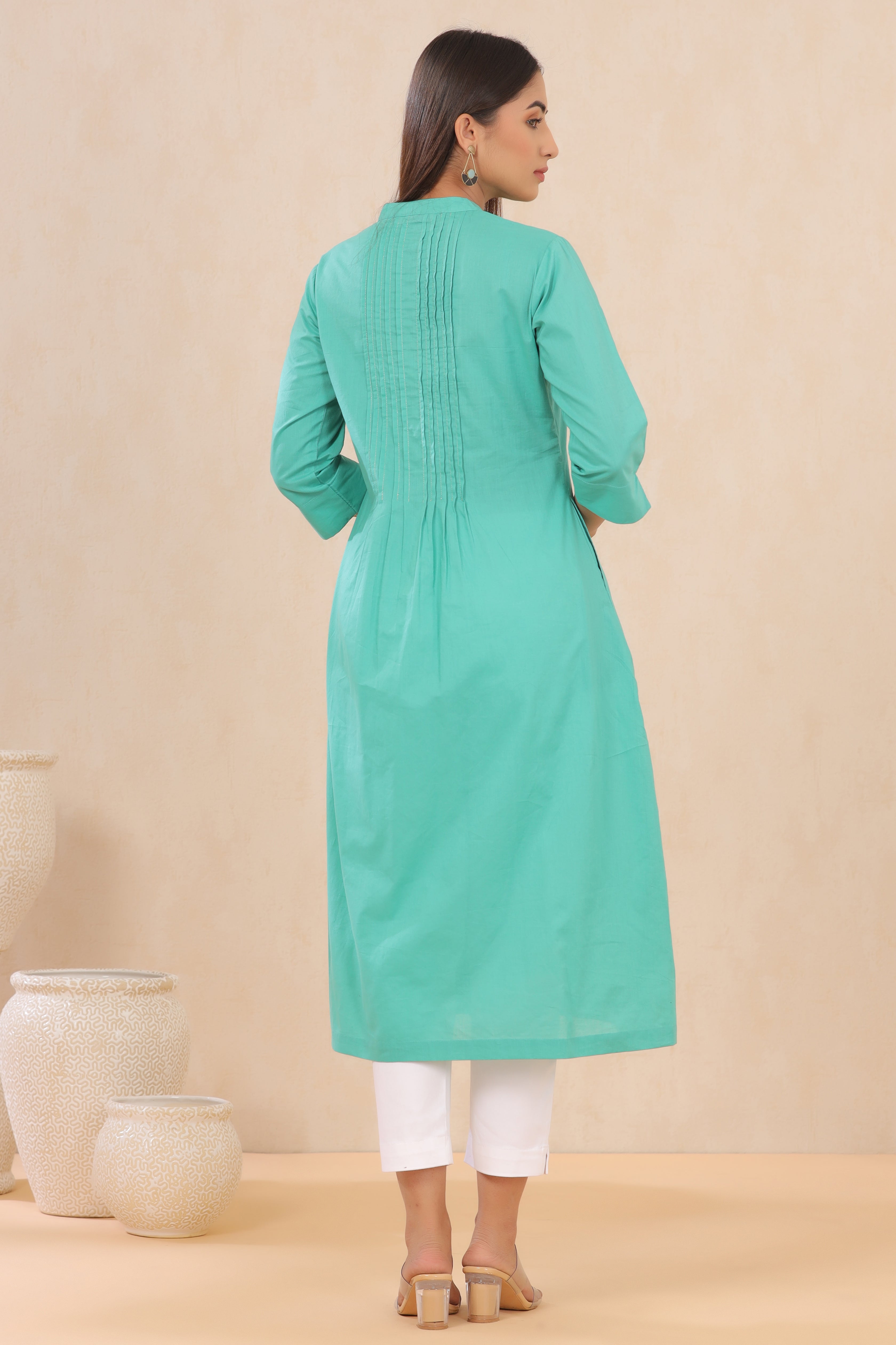 Juniper Turquoise Solid Pure Cotton A-Line Kurta with pleats at front