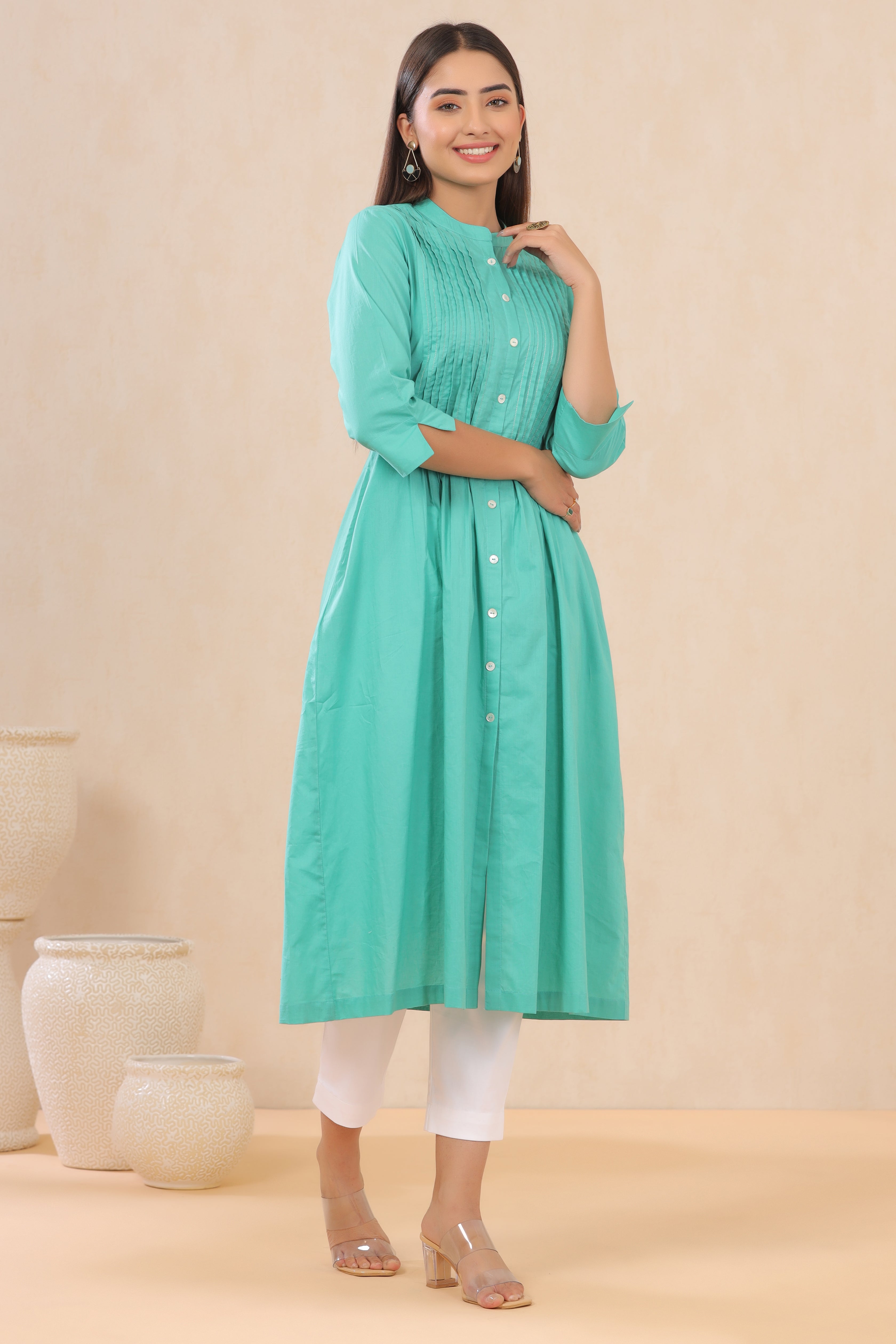 Juniper Turquoise Solid Pure Cotton A-Line Kurta with pleats at front