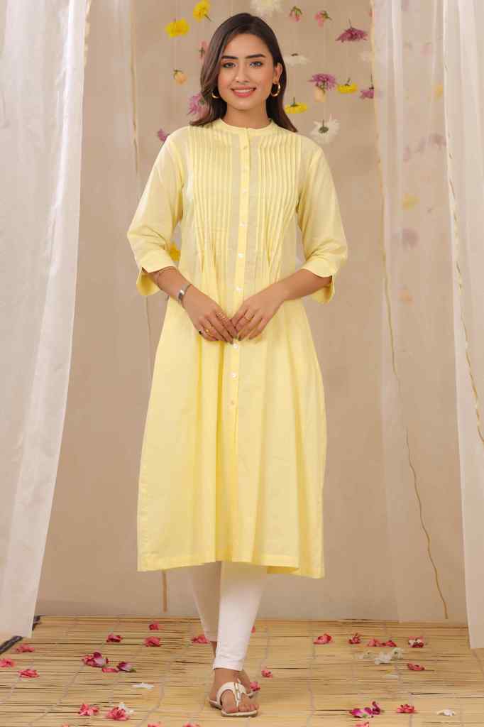Juniper Limeyellow Cambric Solid A-Line Kurta - Juniper Fashion