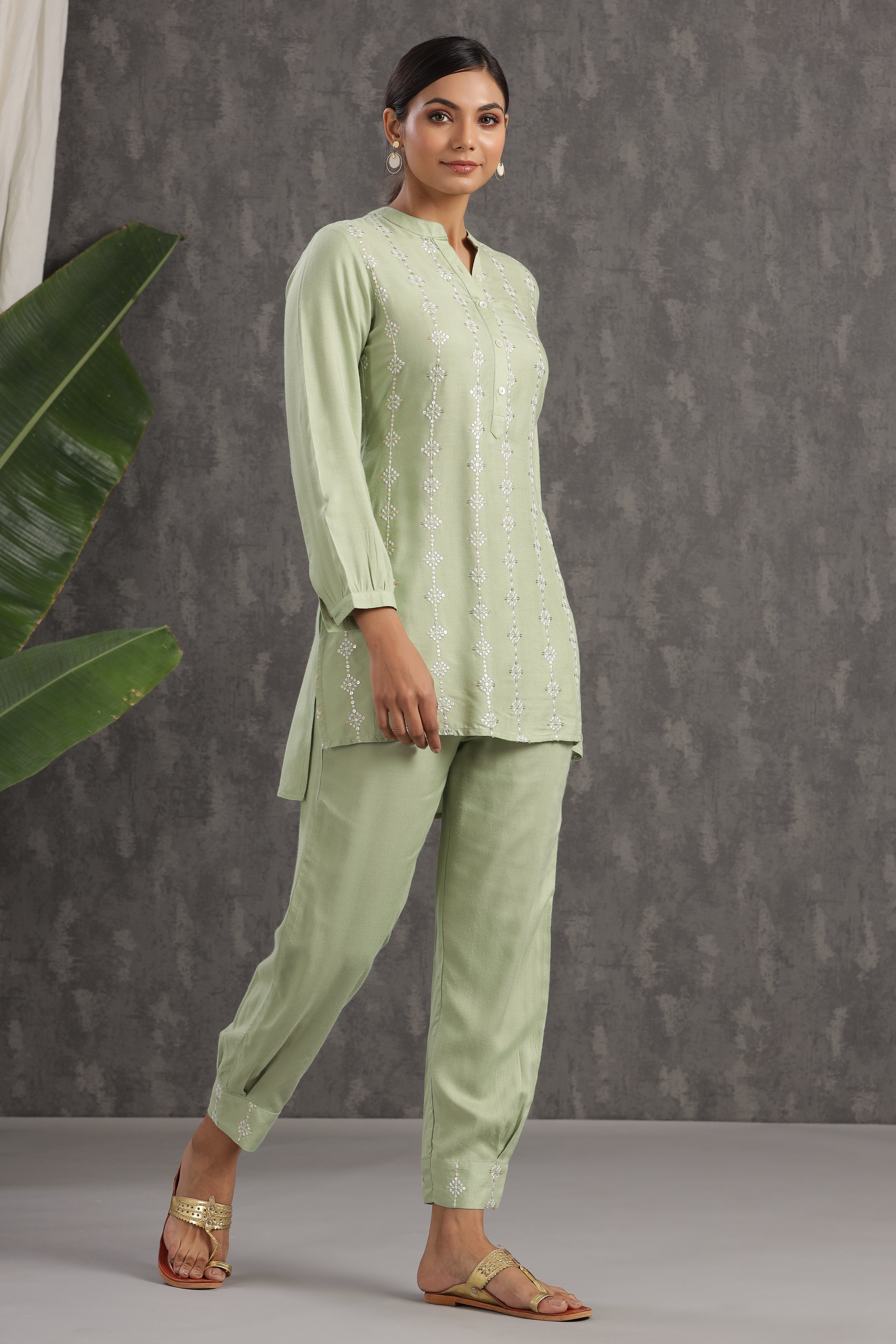 Juniper Olive Embroidered Rayon Co-Ord Set with Sequins - Juniper Fashion