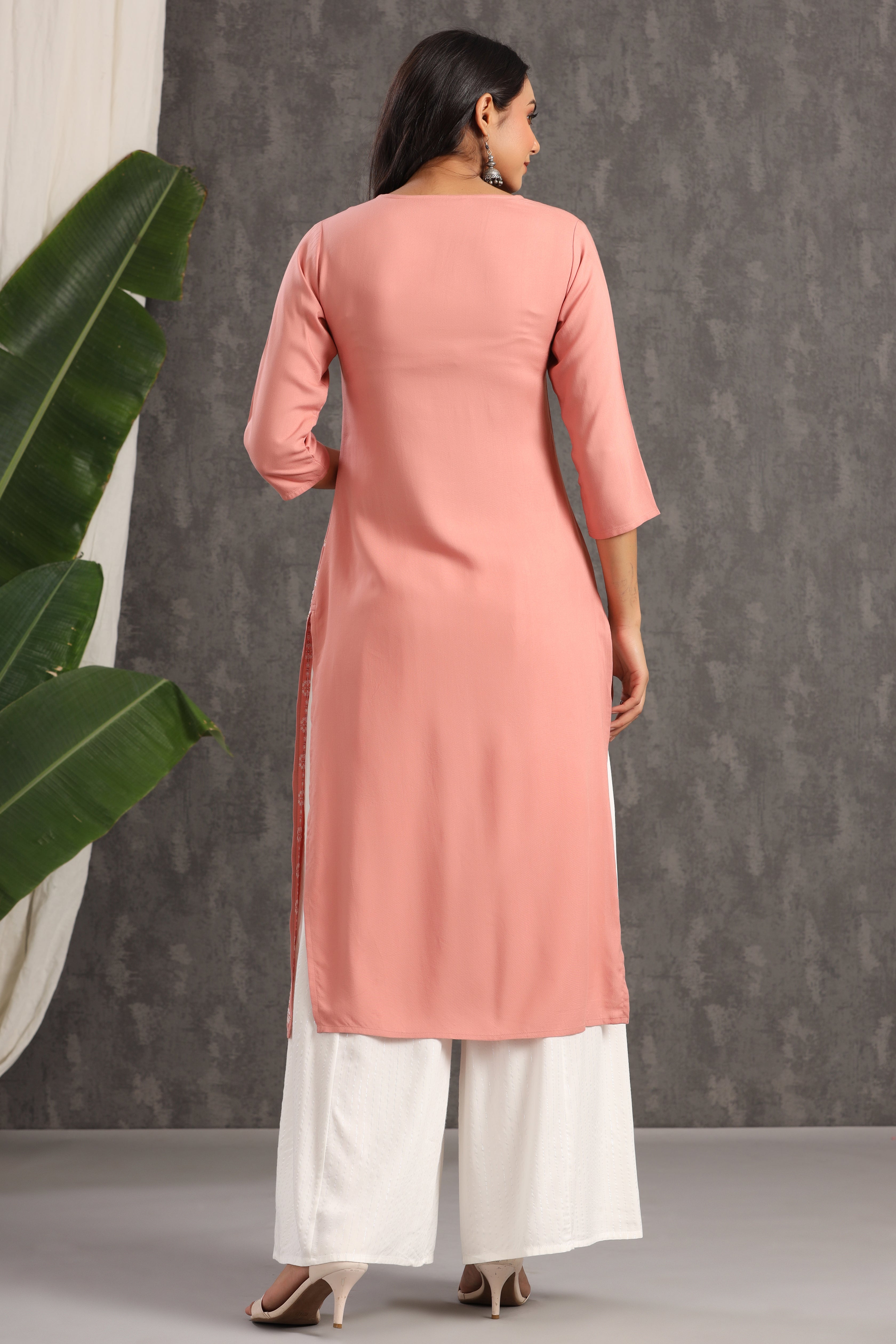 Juniper Onion Pink Thread Embroidered Rayon Straight Kurta - Juniper Fashion