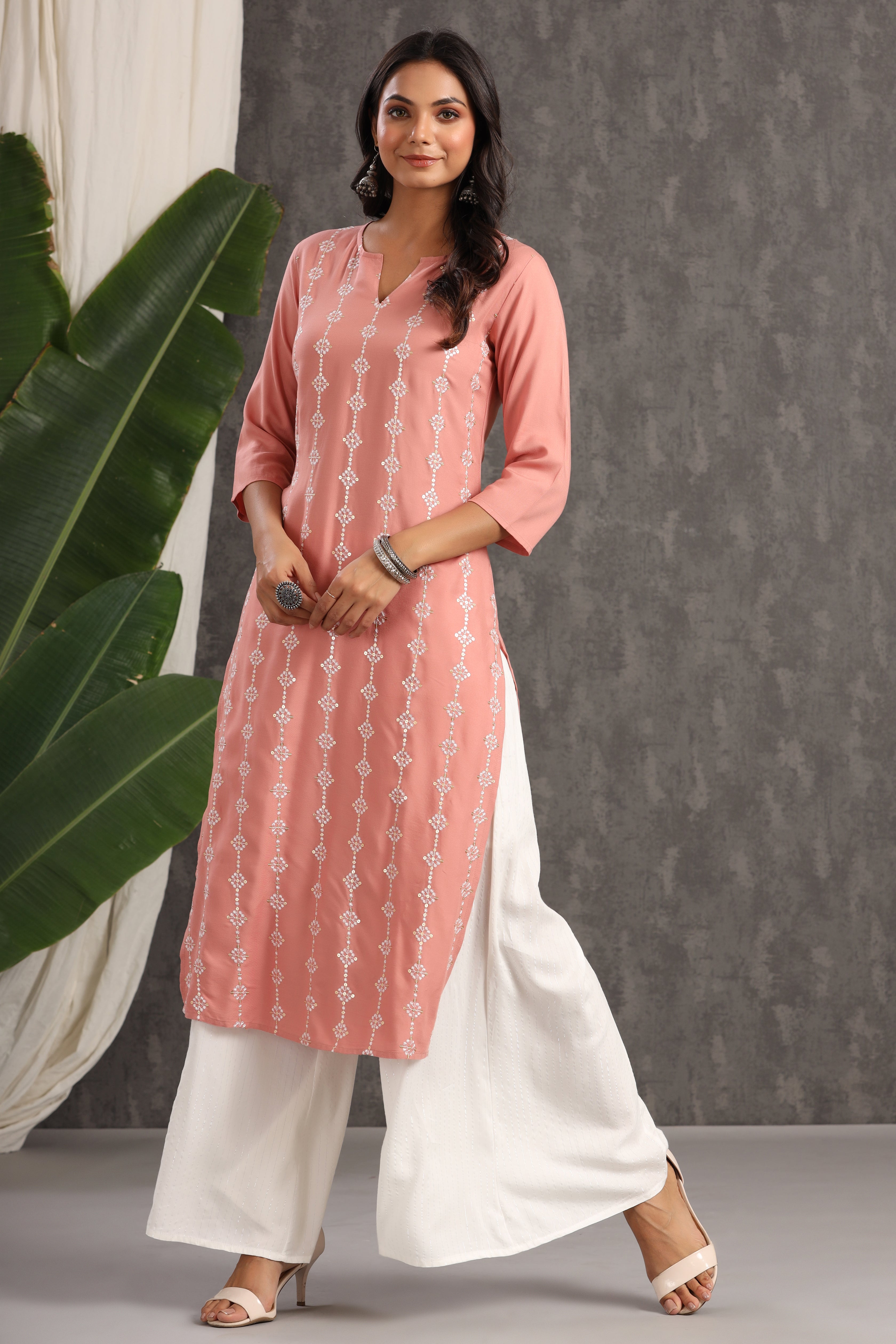 Juniper Onion Pink Thread Embroidered Rayon Straight Kurta - Juniper Fashion