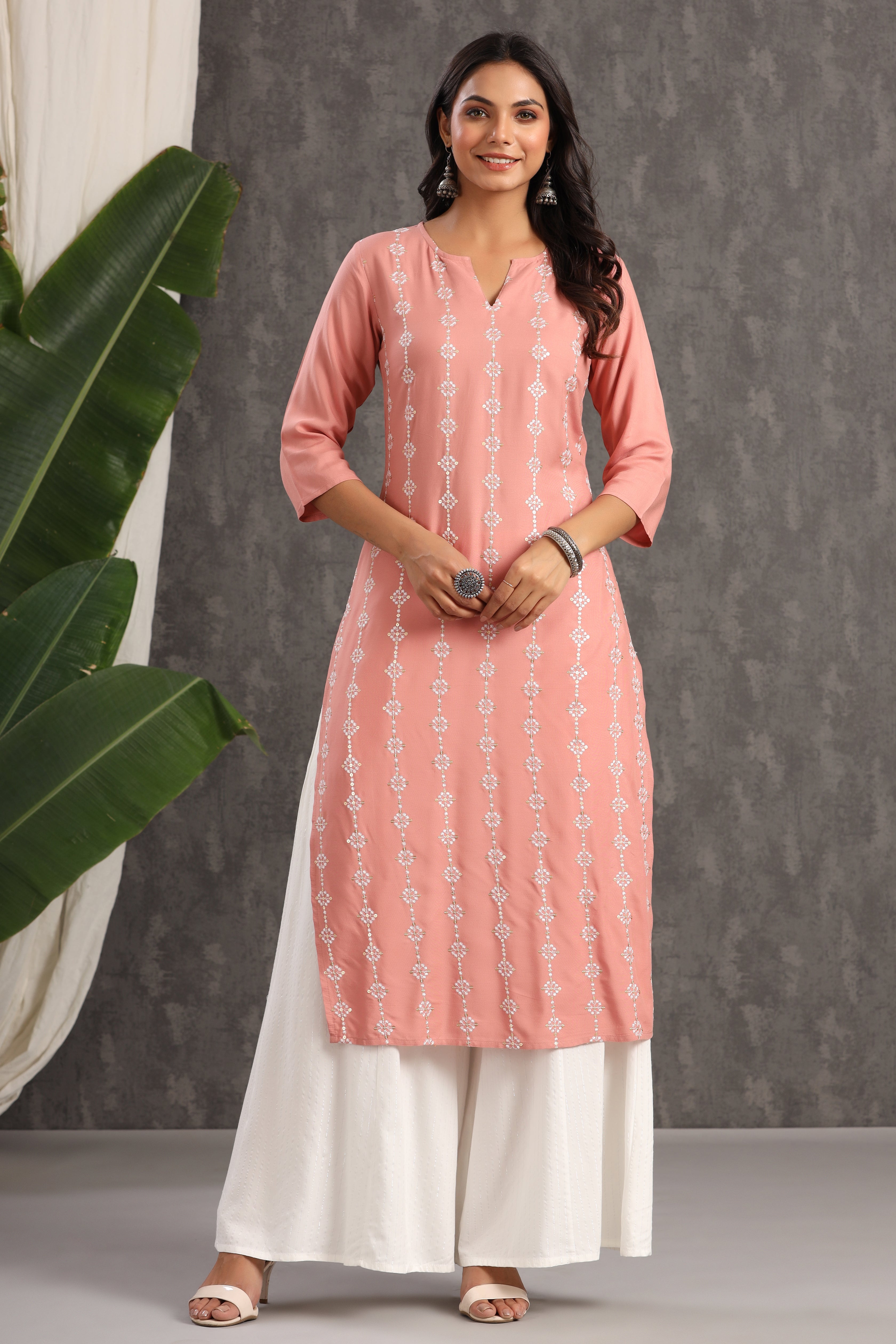 Juniper Onion Pink Thread Embroidered Rayon Straight Kurta - Juniper Fashion