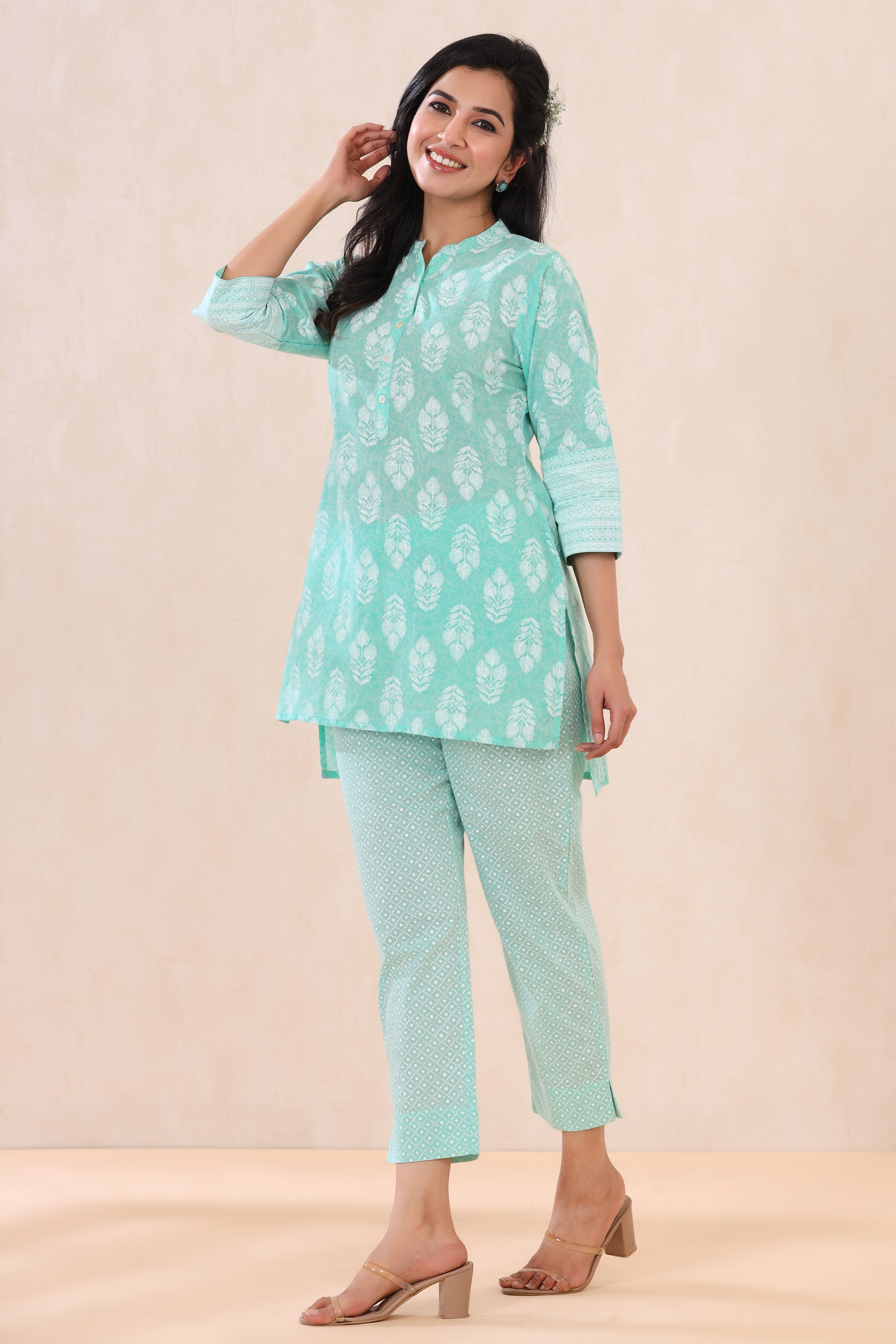 Juniper Mint Cambric Printed High-Low Kurta Pant Set