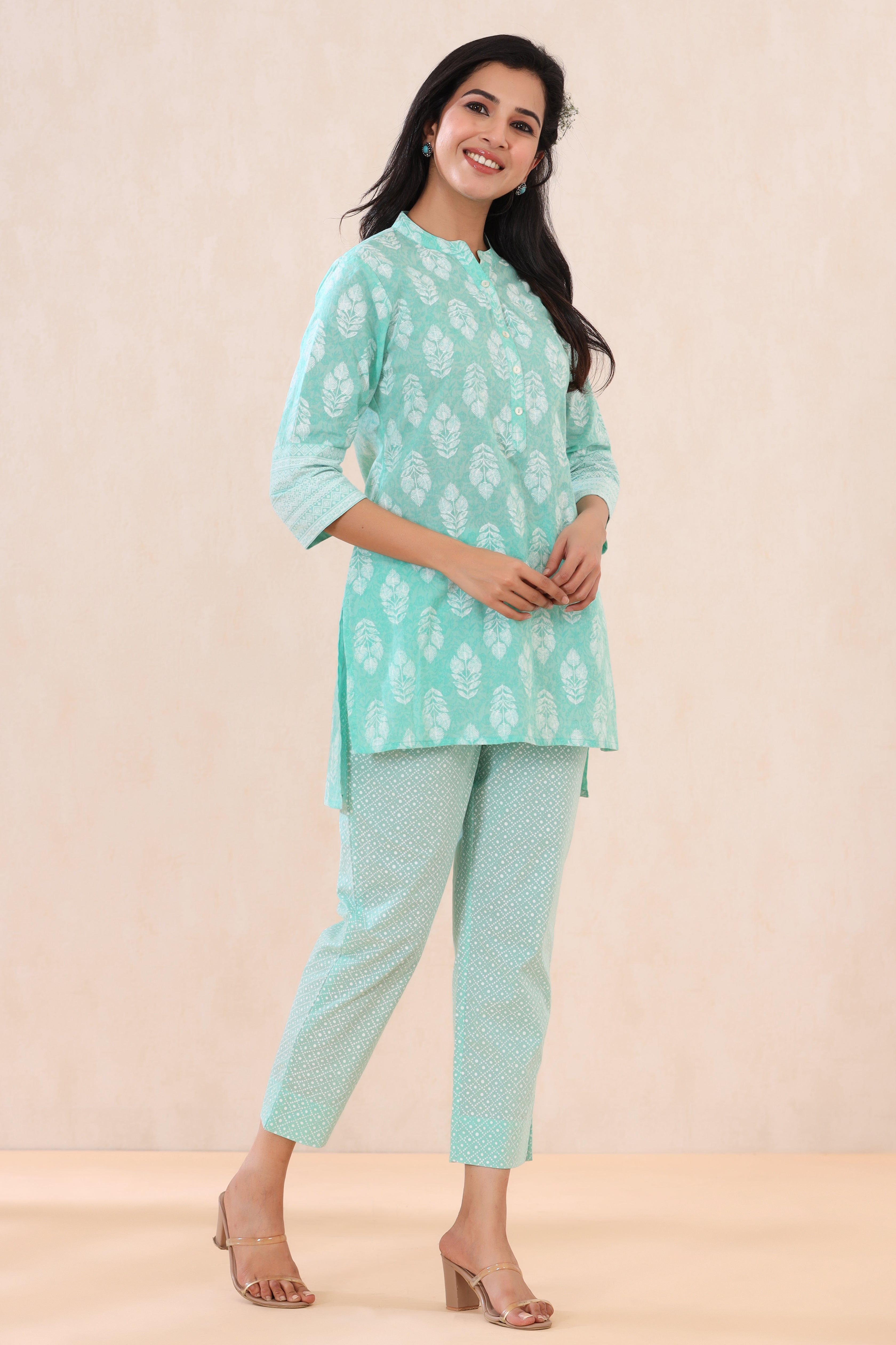 Juniper Mint Cambric Printed High-Low Kurta Pant Set