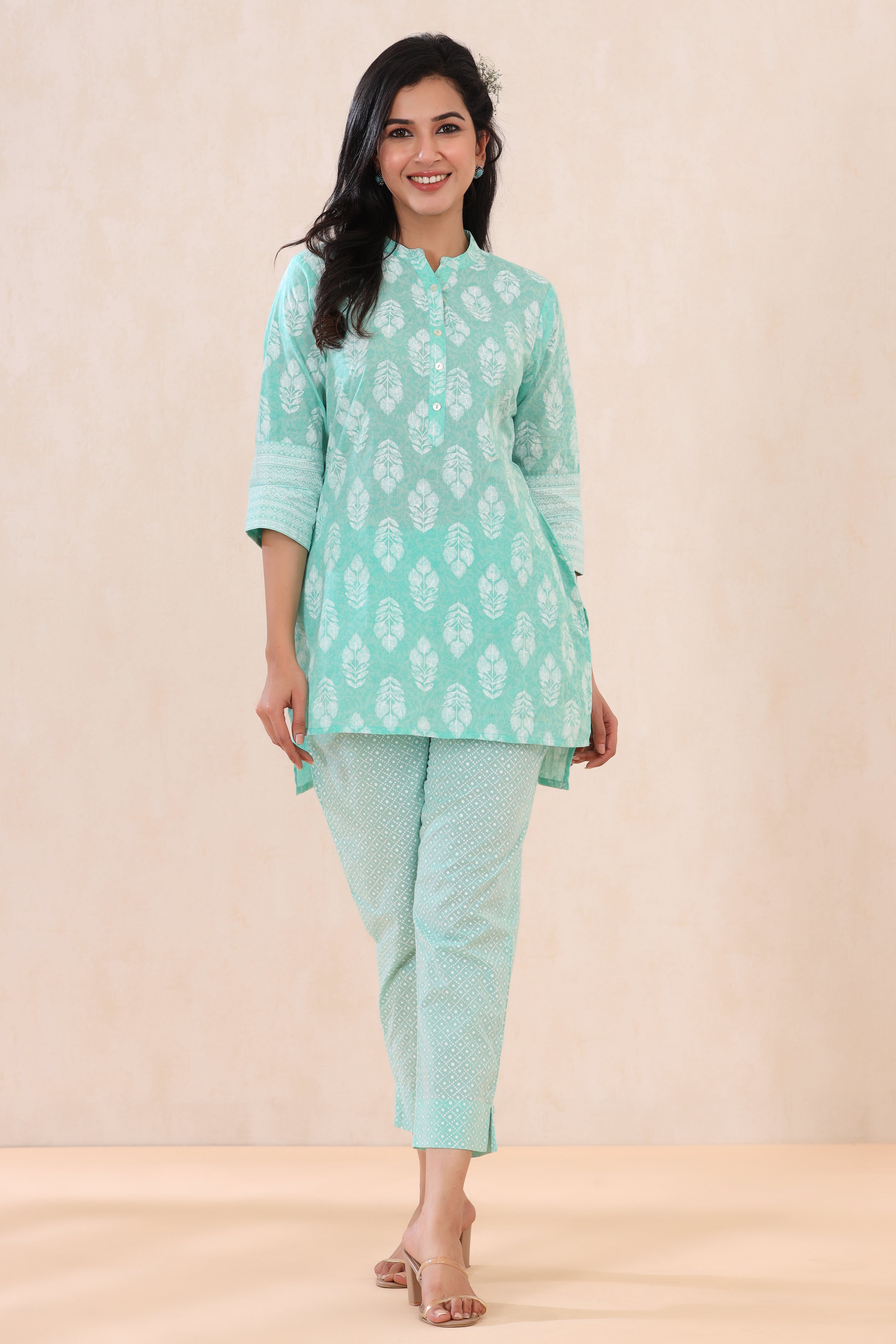 Juniper Mint Cambric Printed High-Low Kurta Pant Set