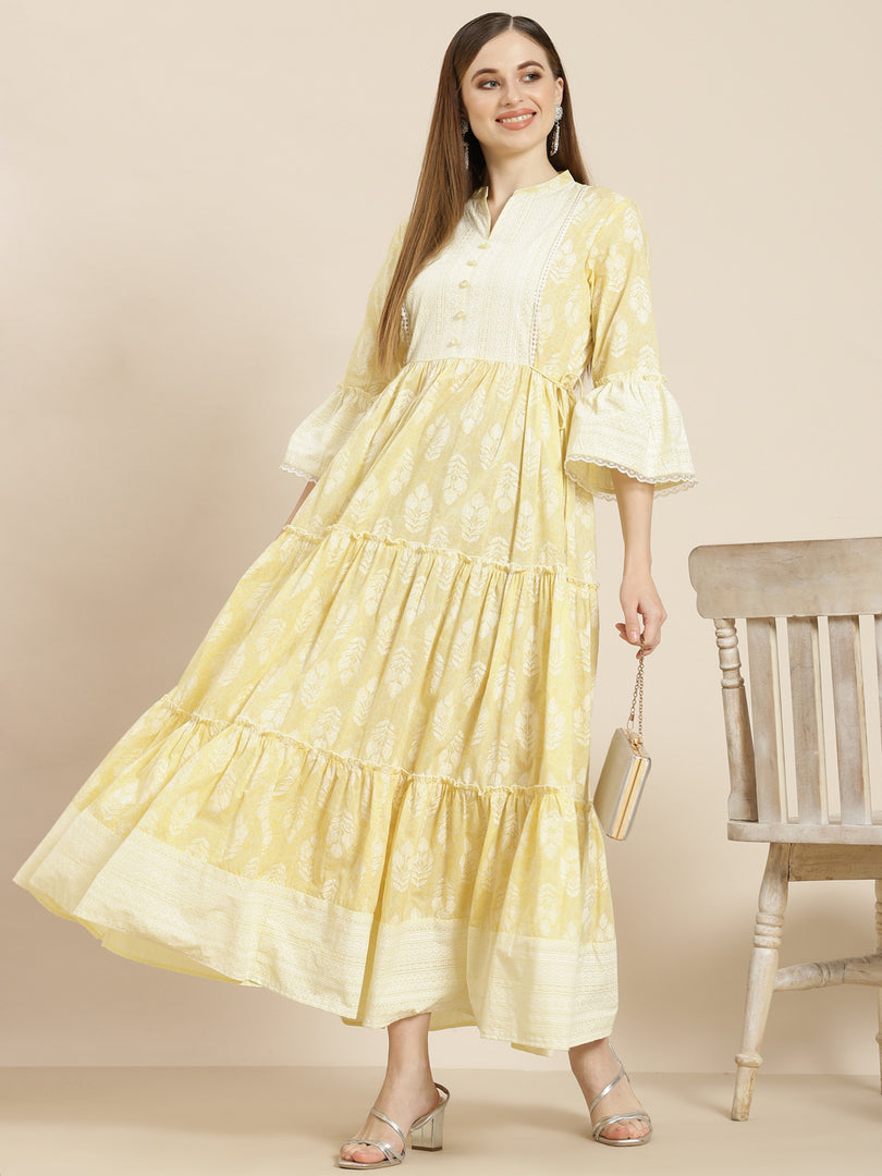 Juniper Lime Yellow Ethnic Motif Printed Pure Cotton Maxi dress with Lace Work
