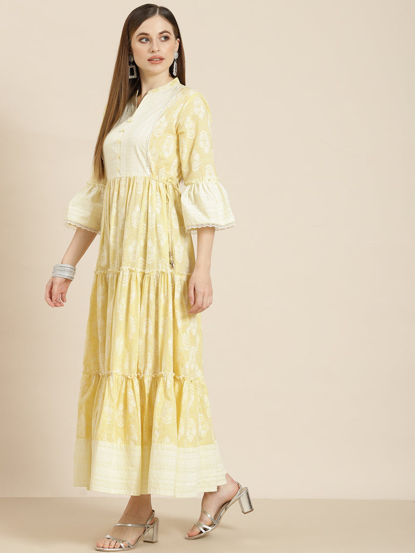 Juniper Lime Yellow Ethnic Motif Printed Pure Cotton Maxi dress with Lace Work