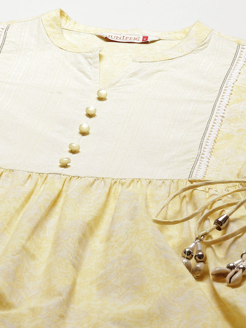 Juniper Lime Yellow Ethnic Motif Printed Pure Cotton Maxi dress with Lace Work