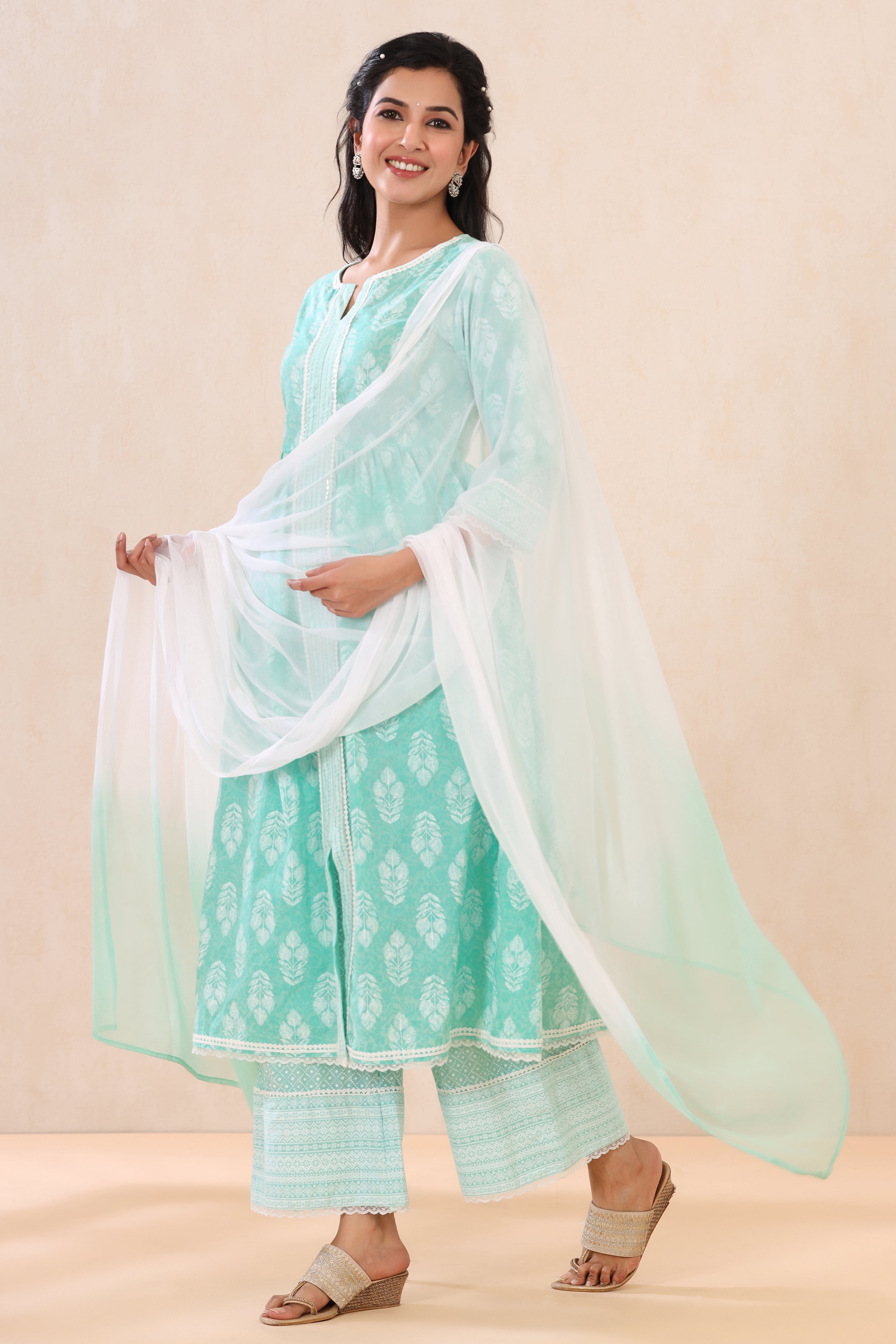 Juniper Mint Cambric Printed Straight Kurta Palazzo Dupatta Set