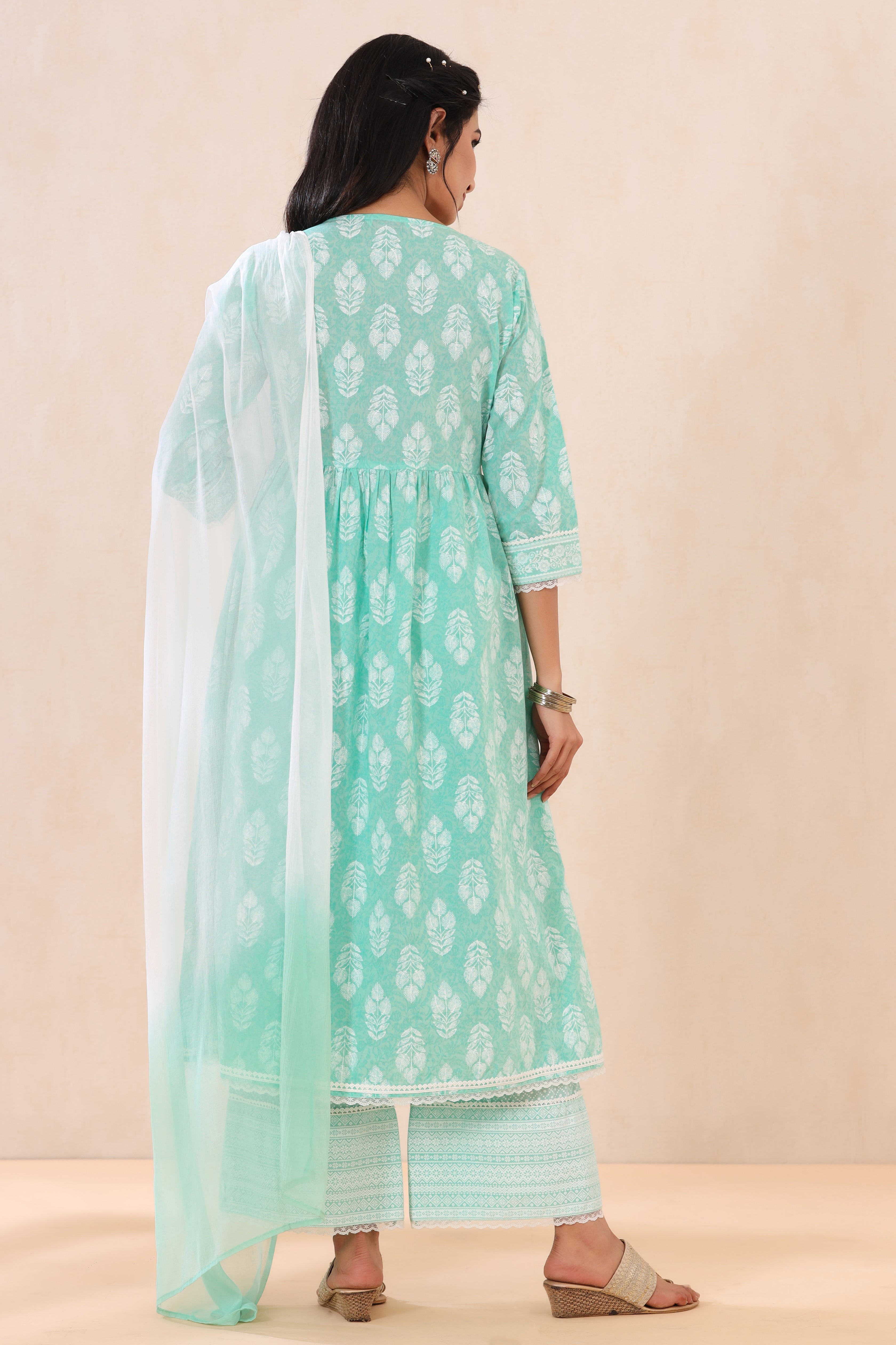 Juniper Mint Cambric Printed Straight Kurta Palazzo Dupatta Set