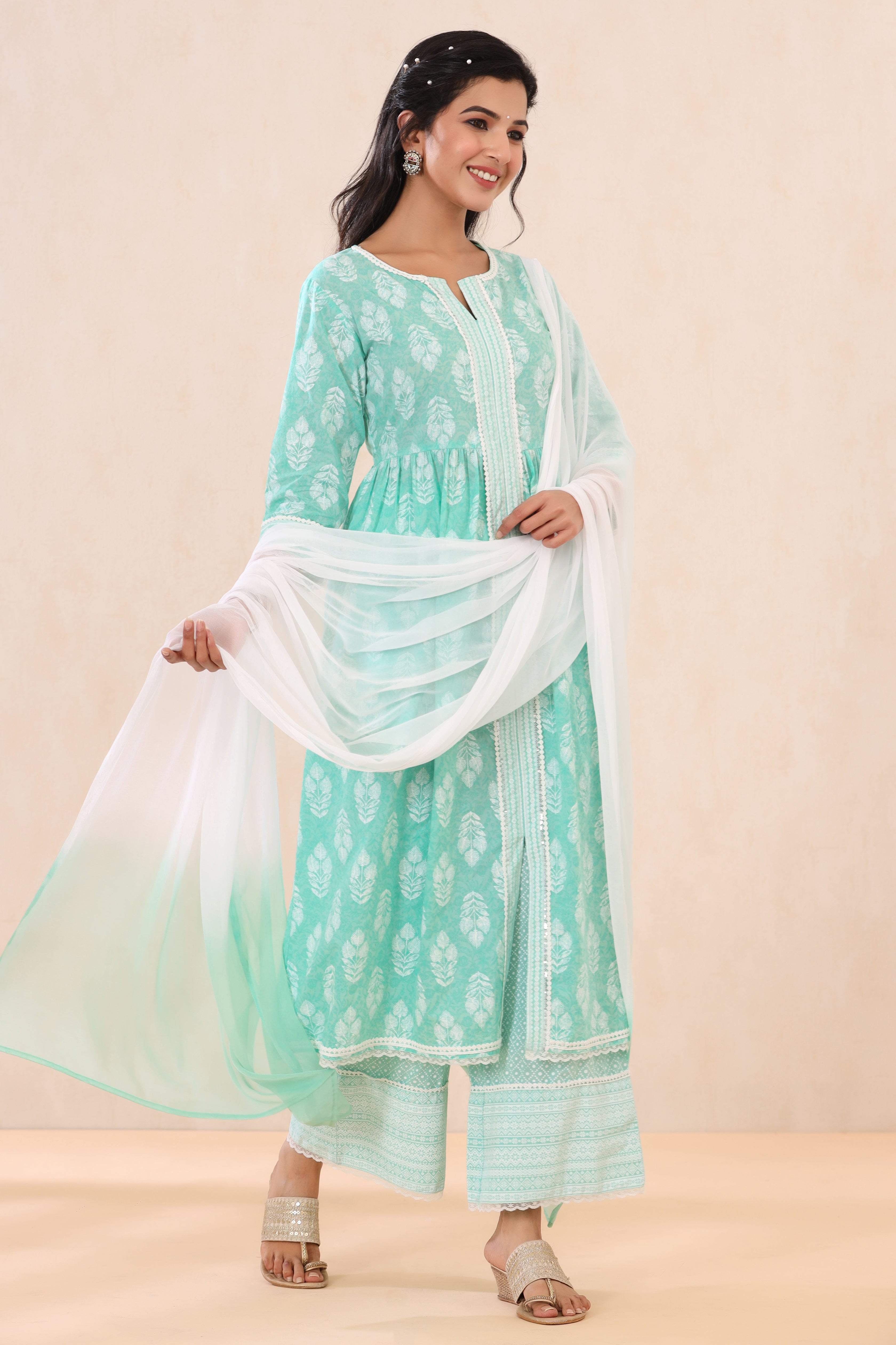 Juniper Mint Cambric Printed Straight Kurta Palazzo Dupatta Set