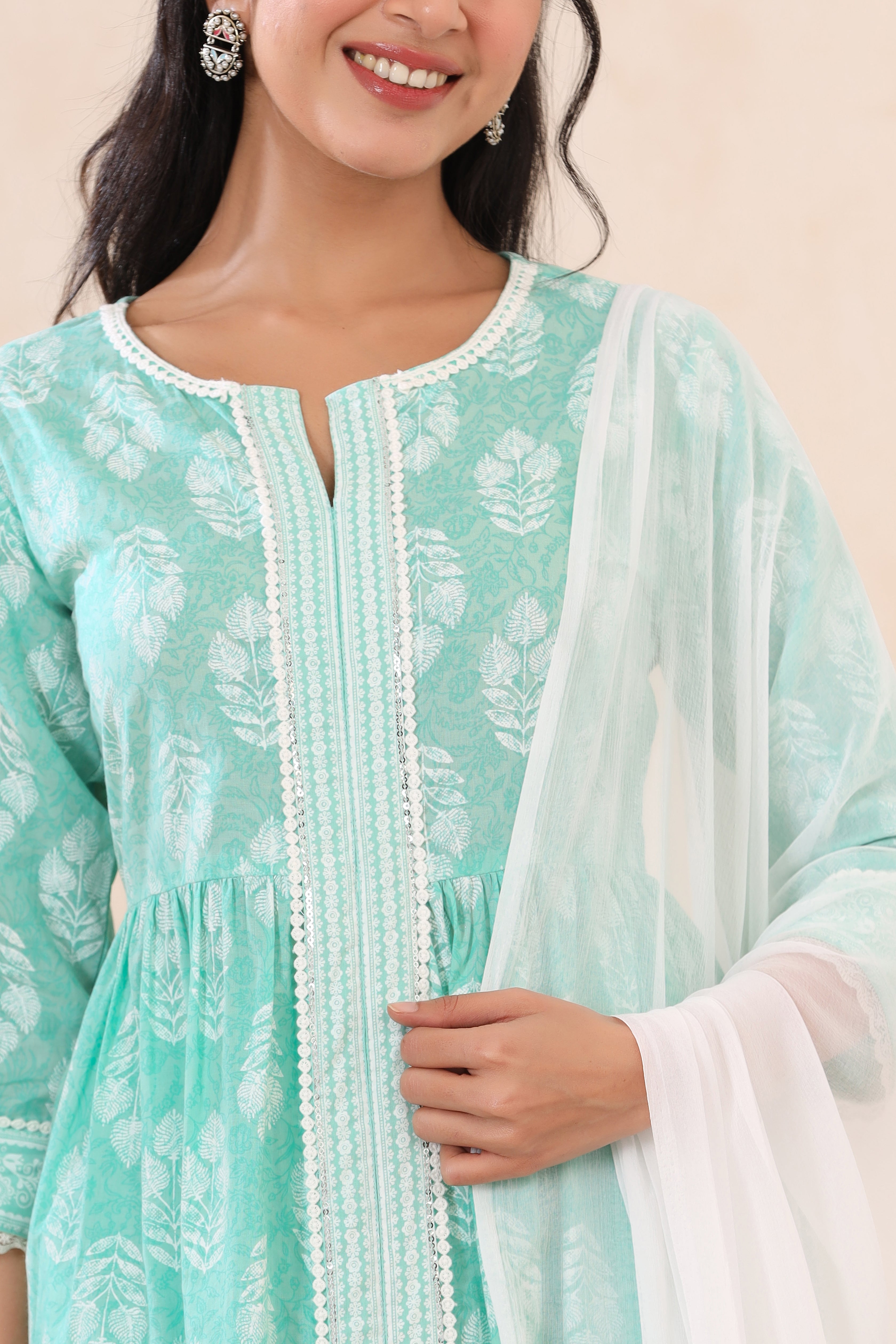 Juniper Mint Cambric Printed Straight Kurta Palazzo Dupatta Set