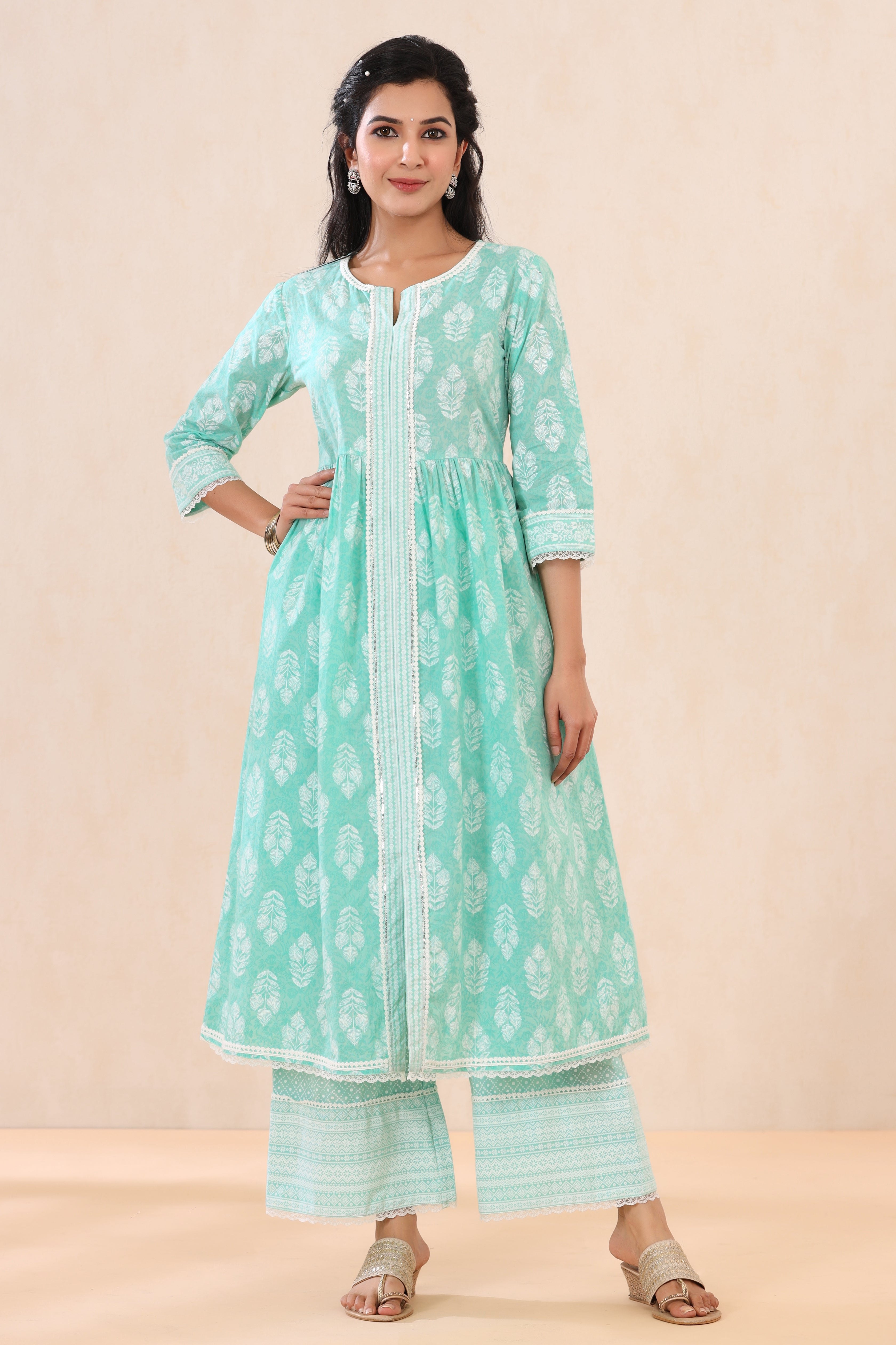 Juniper Mint Cambric Printed Straight Kurta Palazzo Dupatta Set