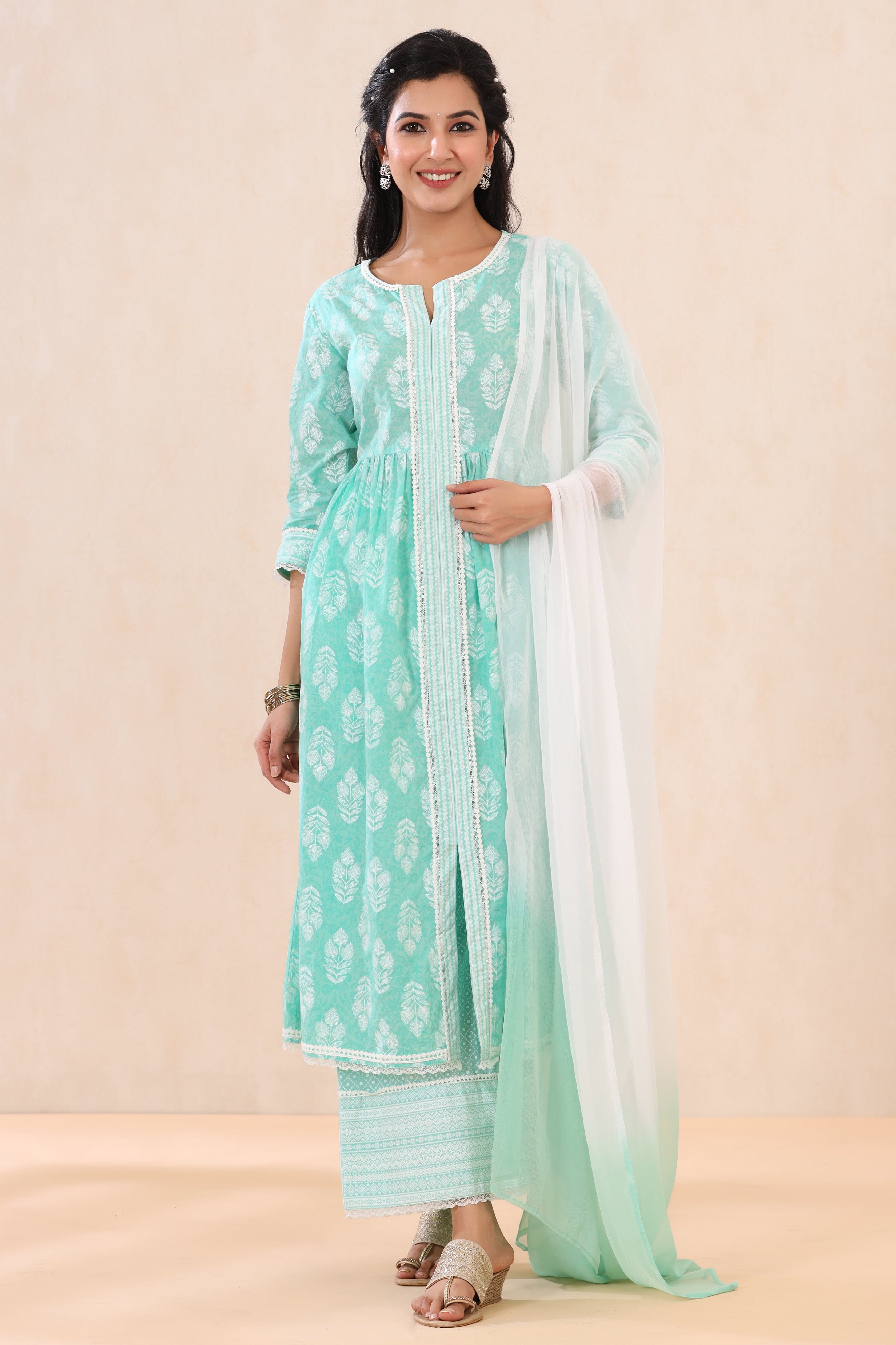 Juniper Mint Cambric Printed Straight Kurta Palazzo Dupatta Set