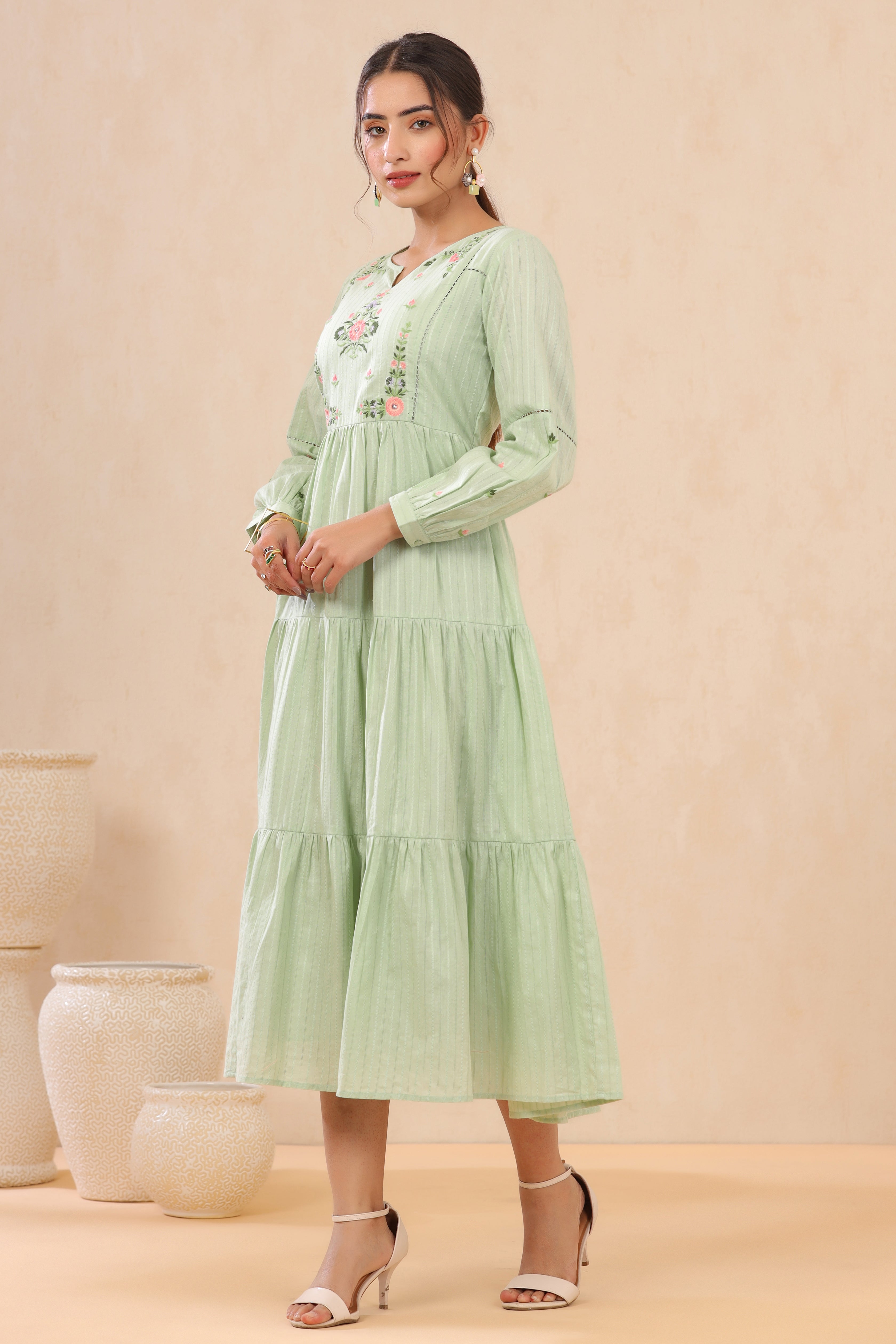 Juniper Sagegreen Cotton Dobby Embroidered Tiered Dress