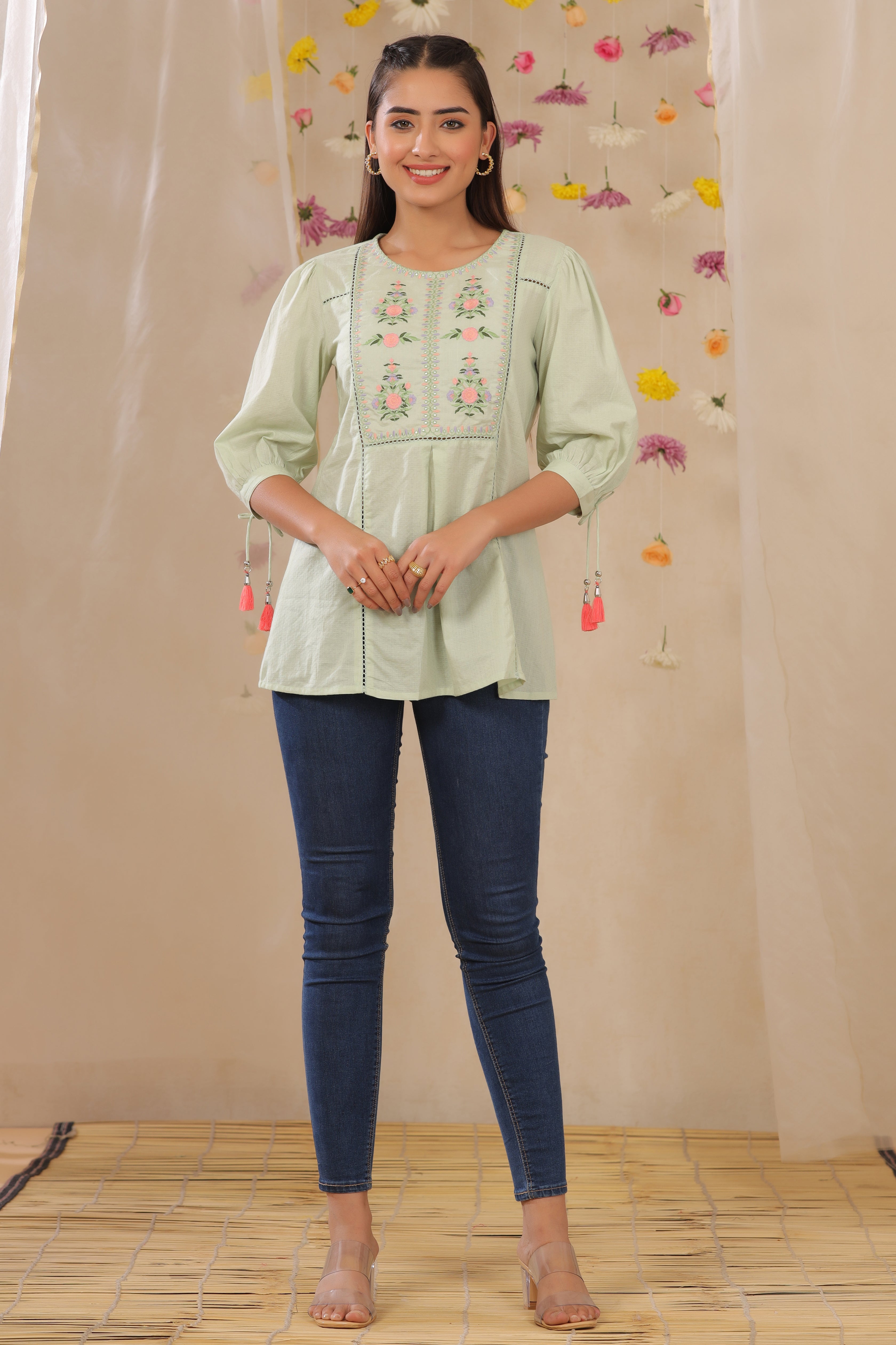 Juniper Sagegreen Cotton Dobby Embroidered A-Line Tunic