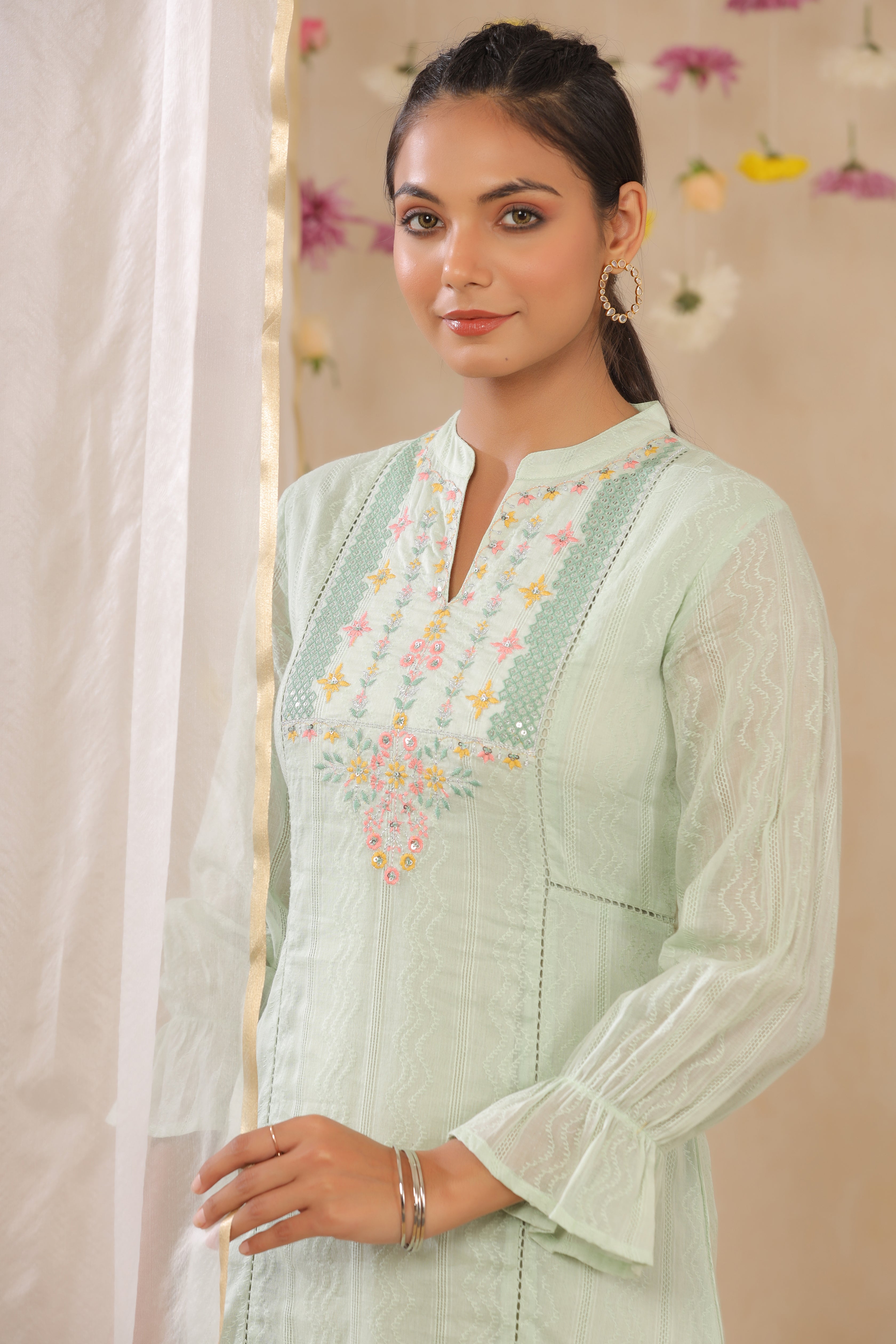 Juniper Sagegreen Cotton Dobby Embroidered A-Line Dress