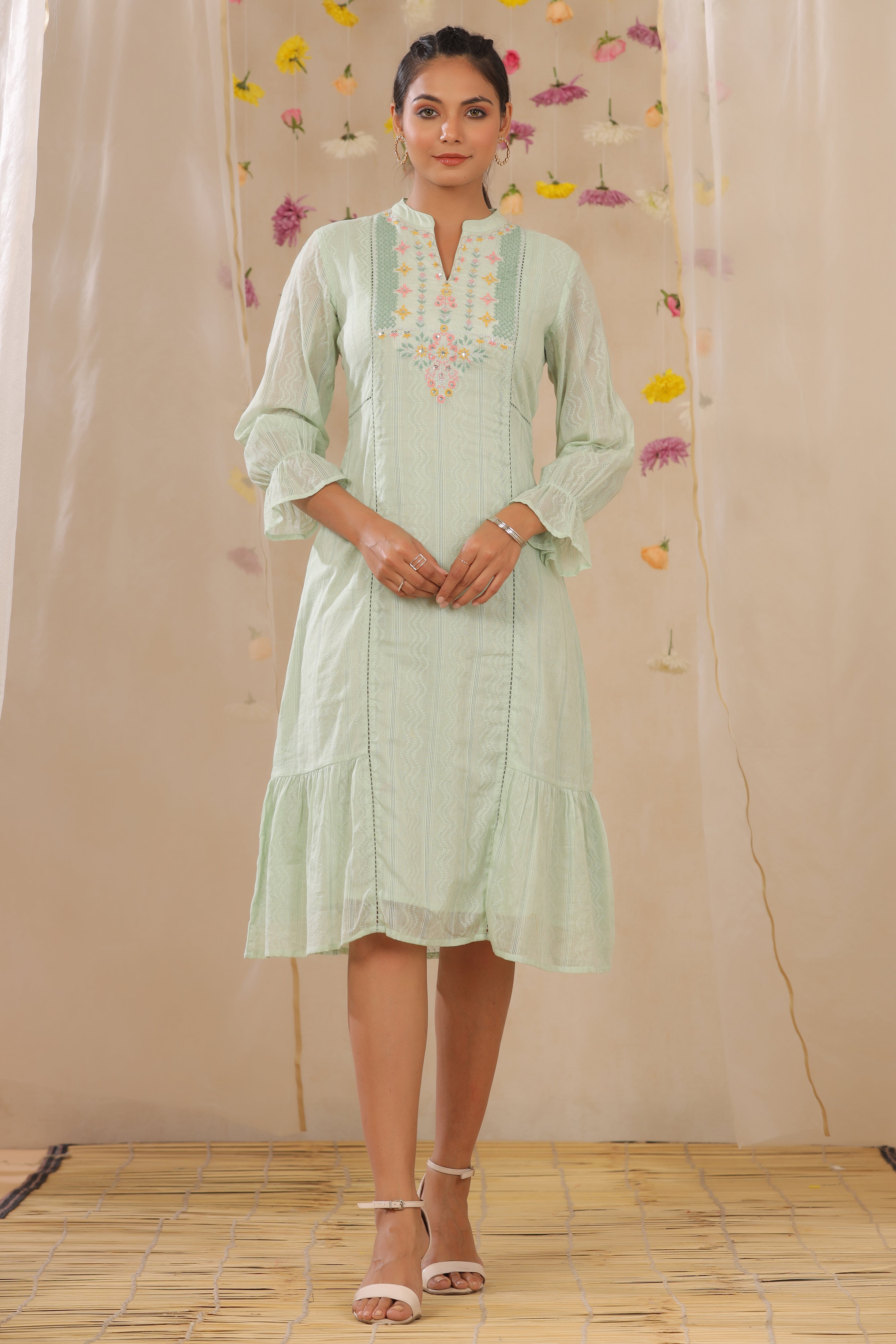 Juniper Sagegreen Cotton Dobby Embroidered A-Line Dress