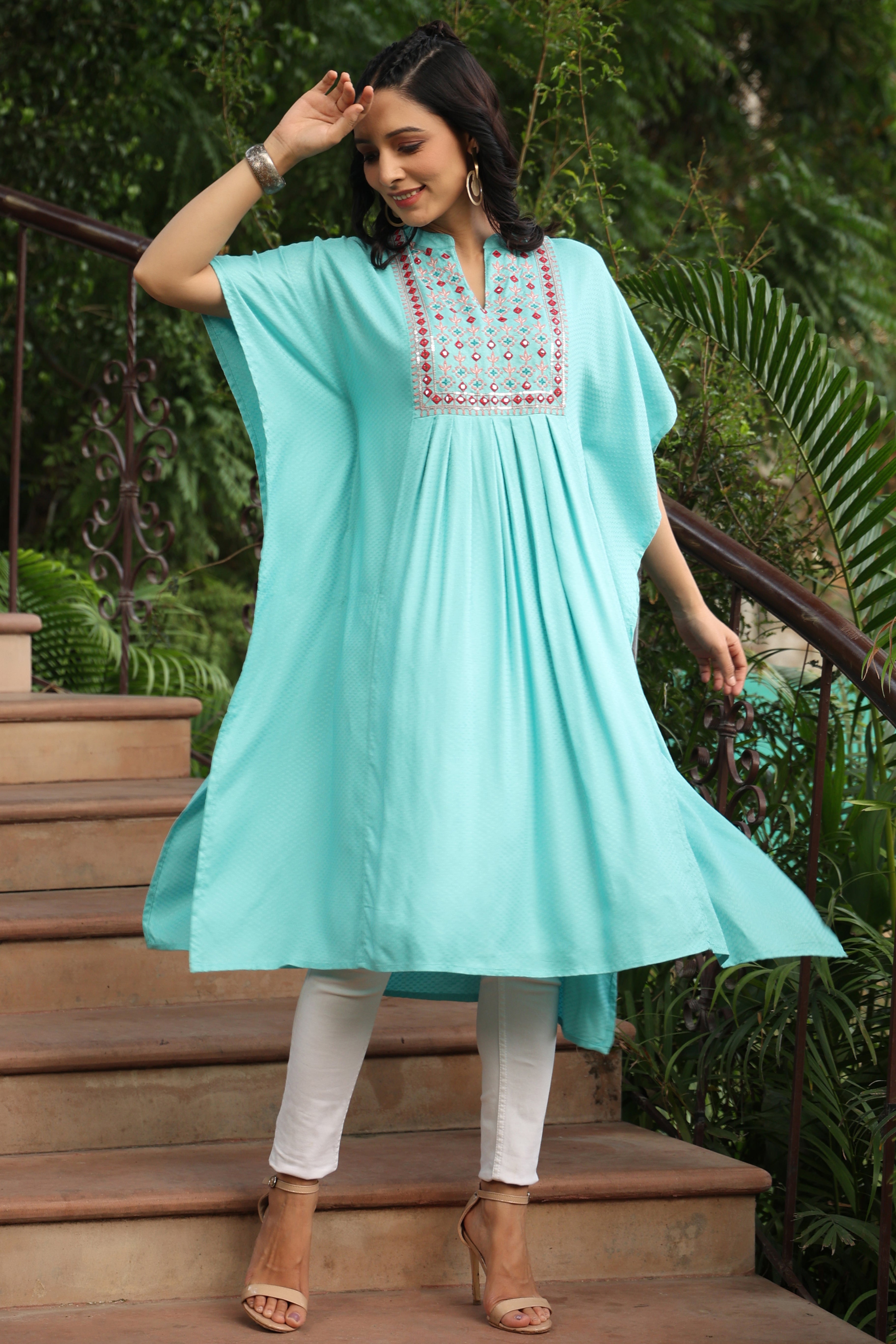 Juniper Sky Blue Geometric Printed Rayon Dobby Kaftan With Thread Work Embroidery