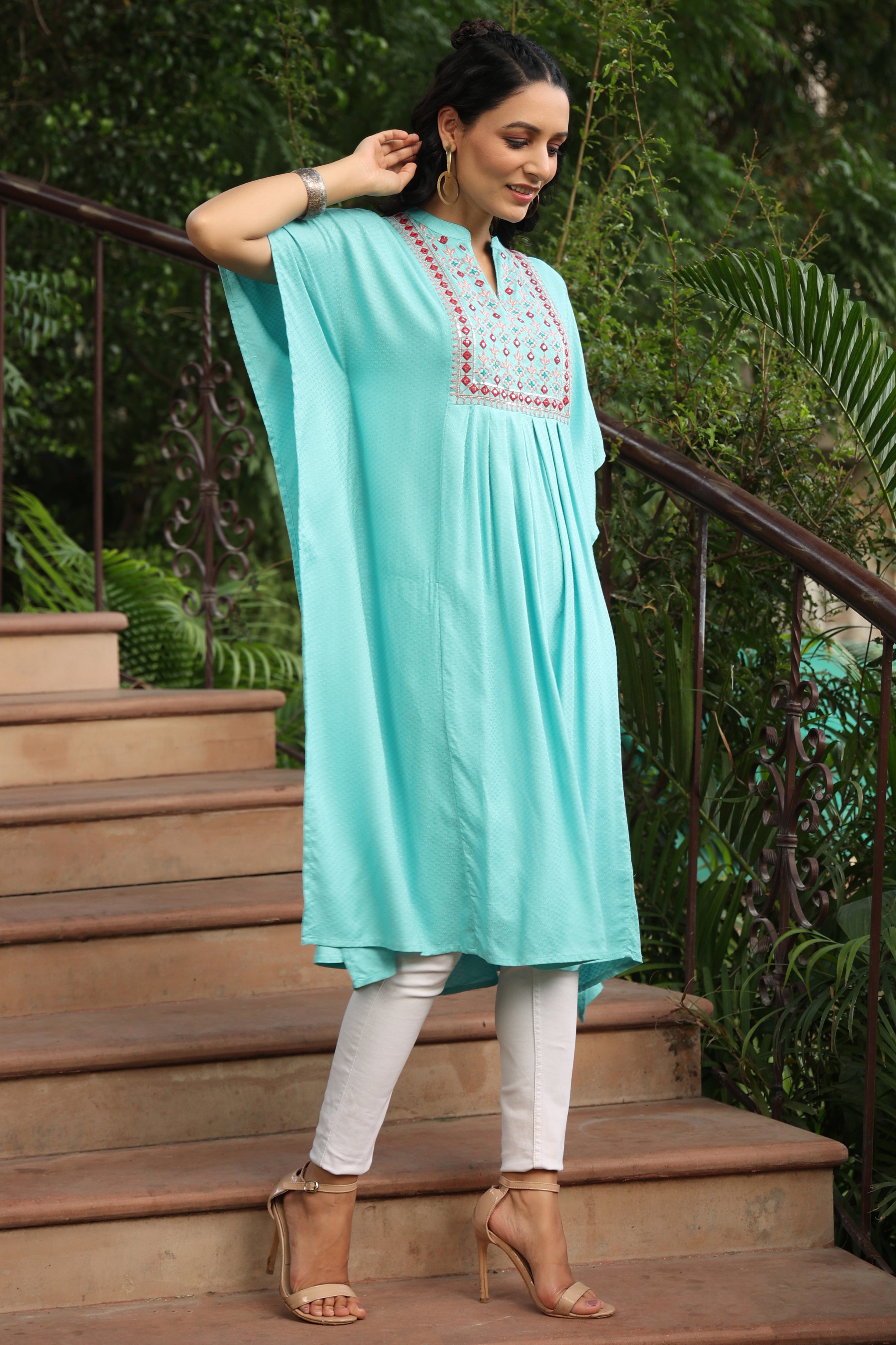 Juniper Sky Blue Geometric Printed Rayon Dobby Kaftan With Thread Work Embroidery