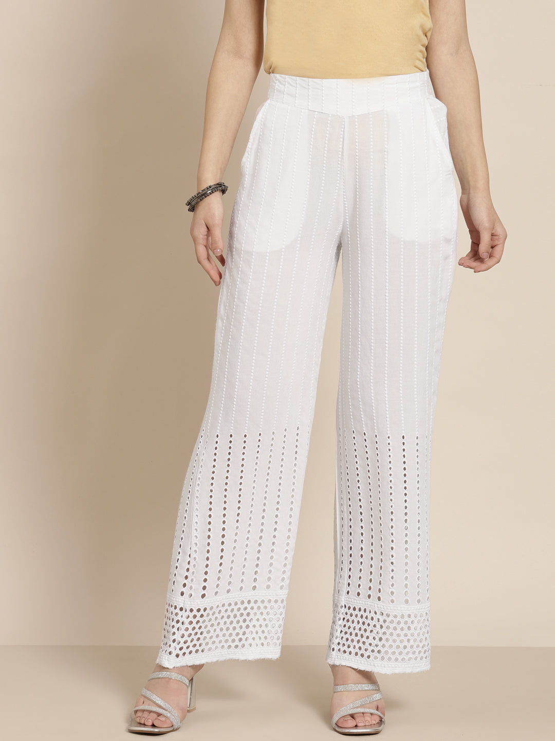 Juniper White Solid Rayon Flared Ankle-Length Palazzo.