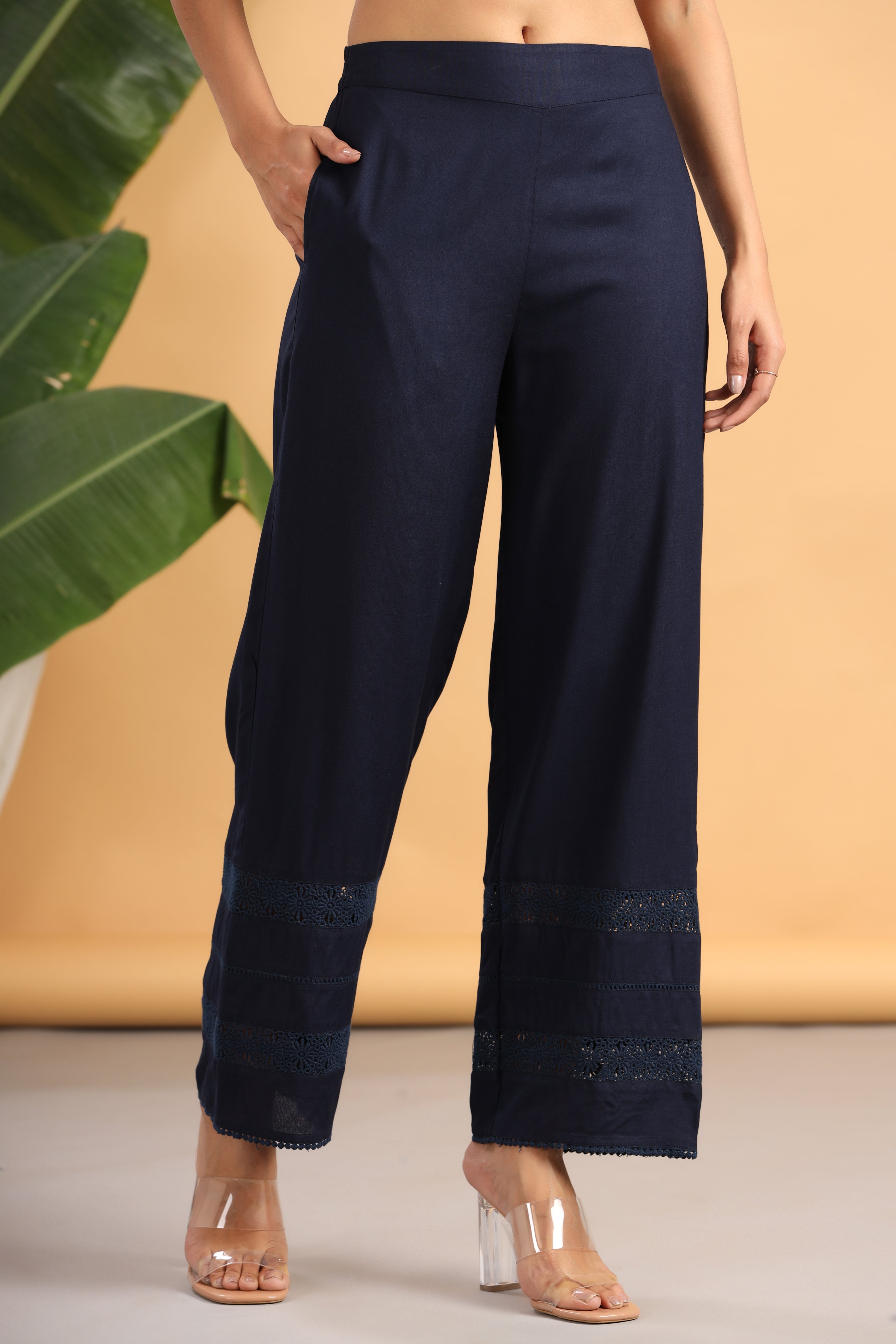 Juniper Navy Blue Solid Rayon Flared Ankle-length Palazzo. - Juniper Fashion