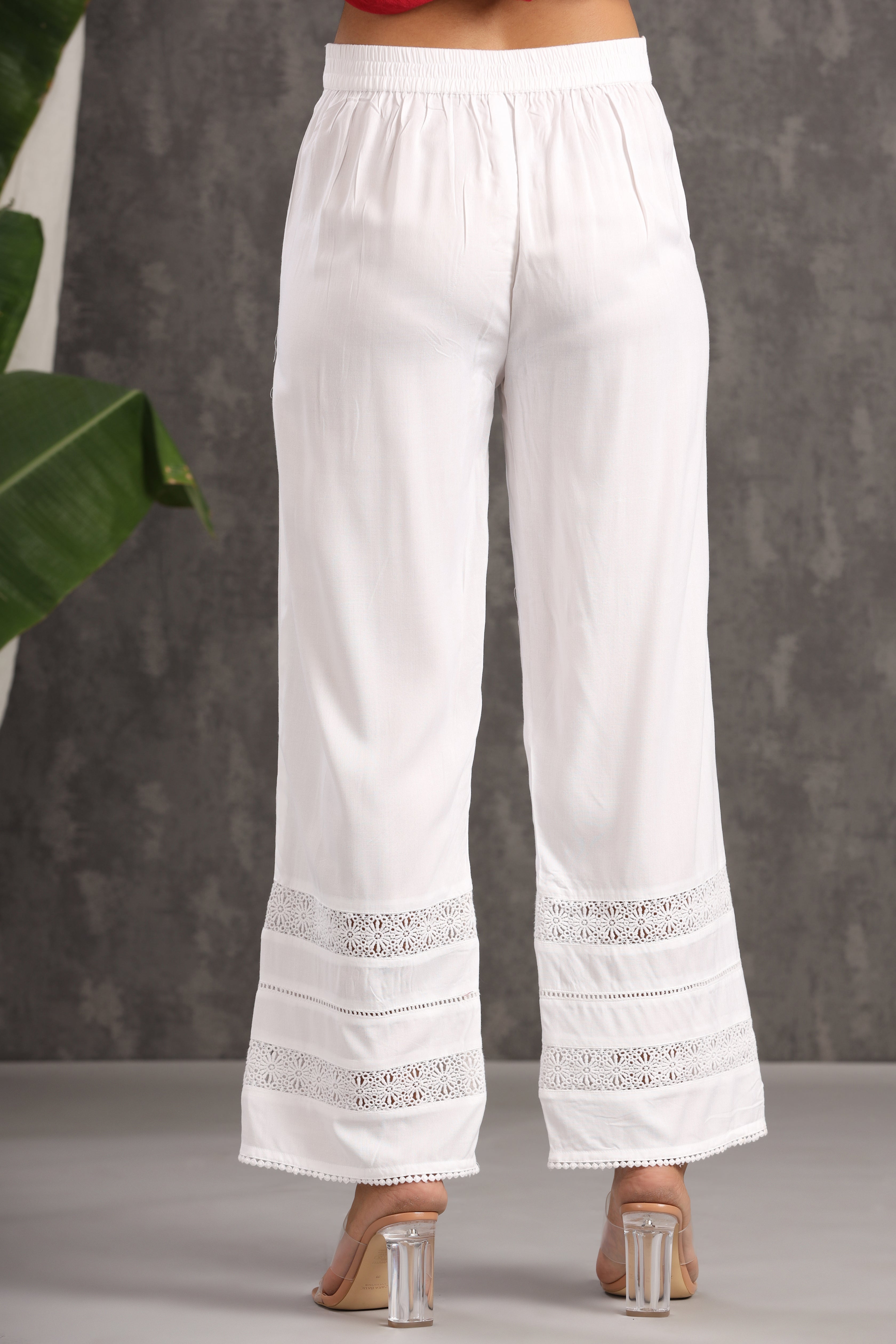 Juniper White Solid Rayon Straight Fit Palazzo With Lace - Juniper Fashion