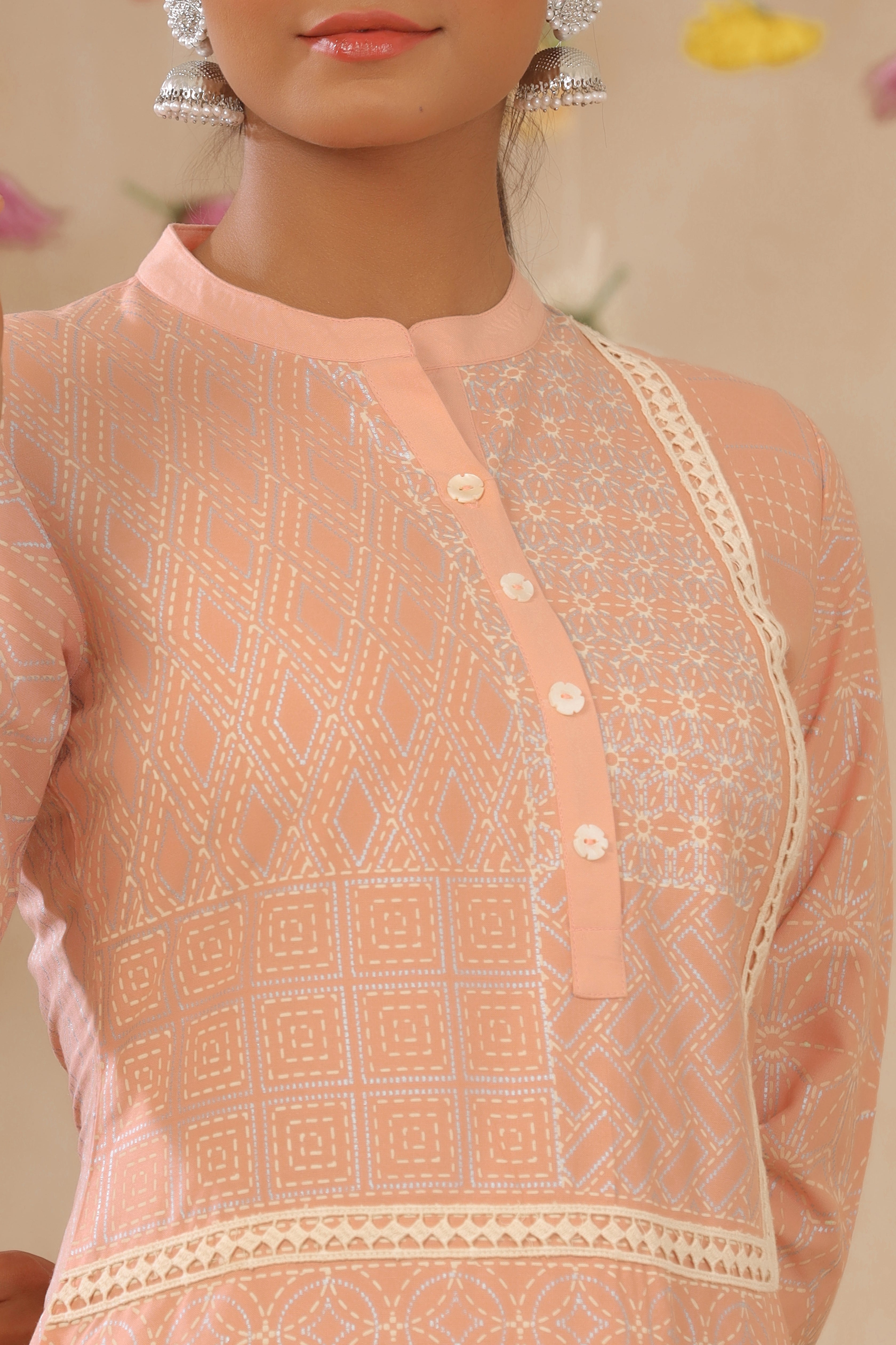 Juniper Peach LIVA Rayon Printed Straight Kurta Palazzo Set