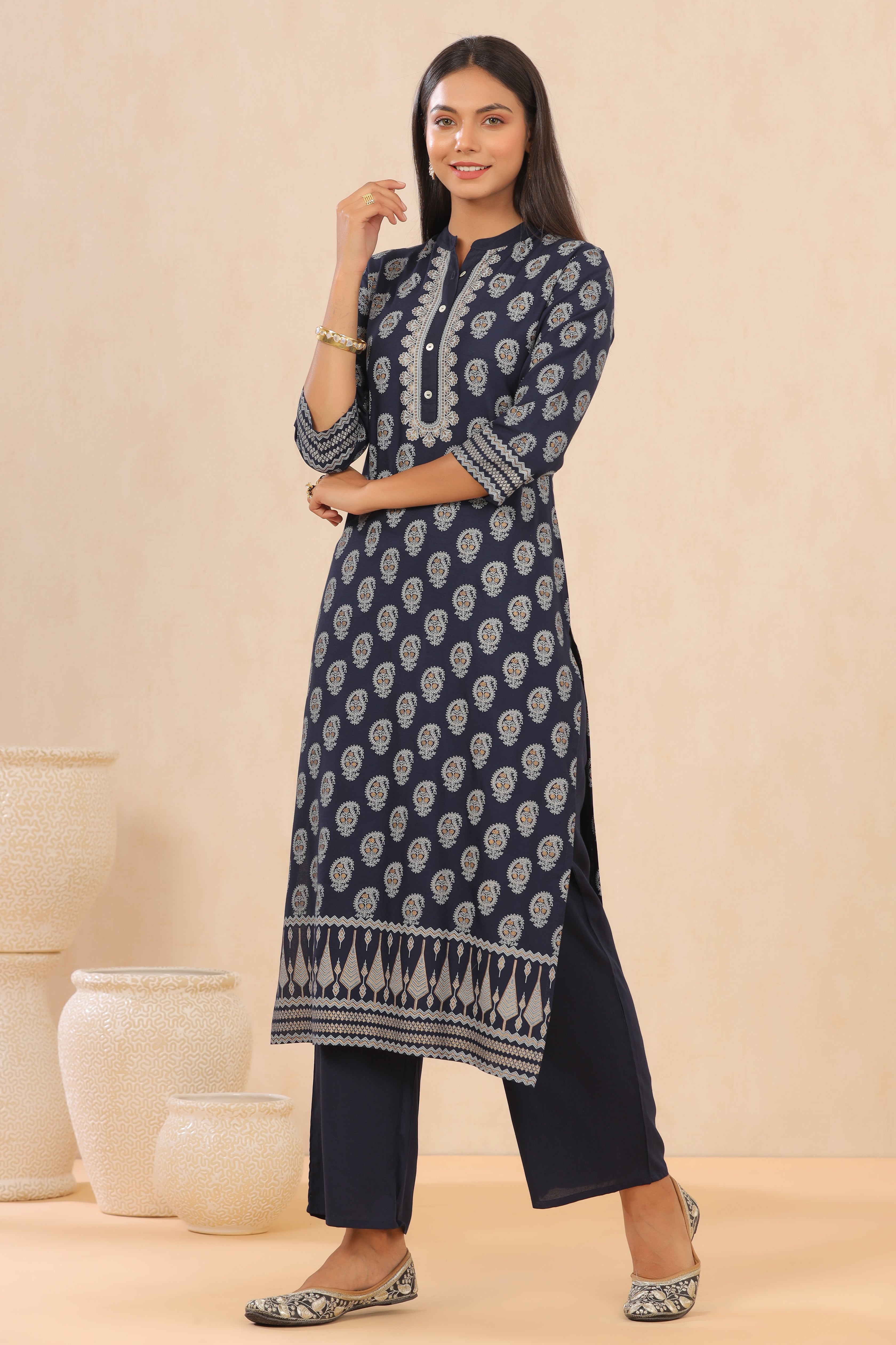 Juniper Indigo LIVA Rayon Printed Straight Kurta Palazzo Set
