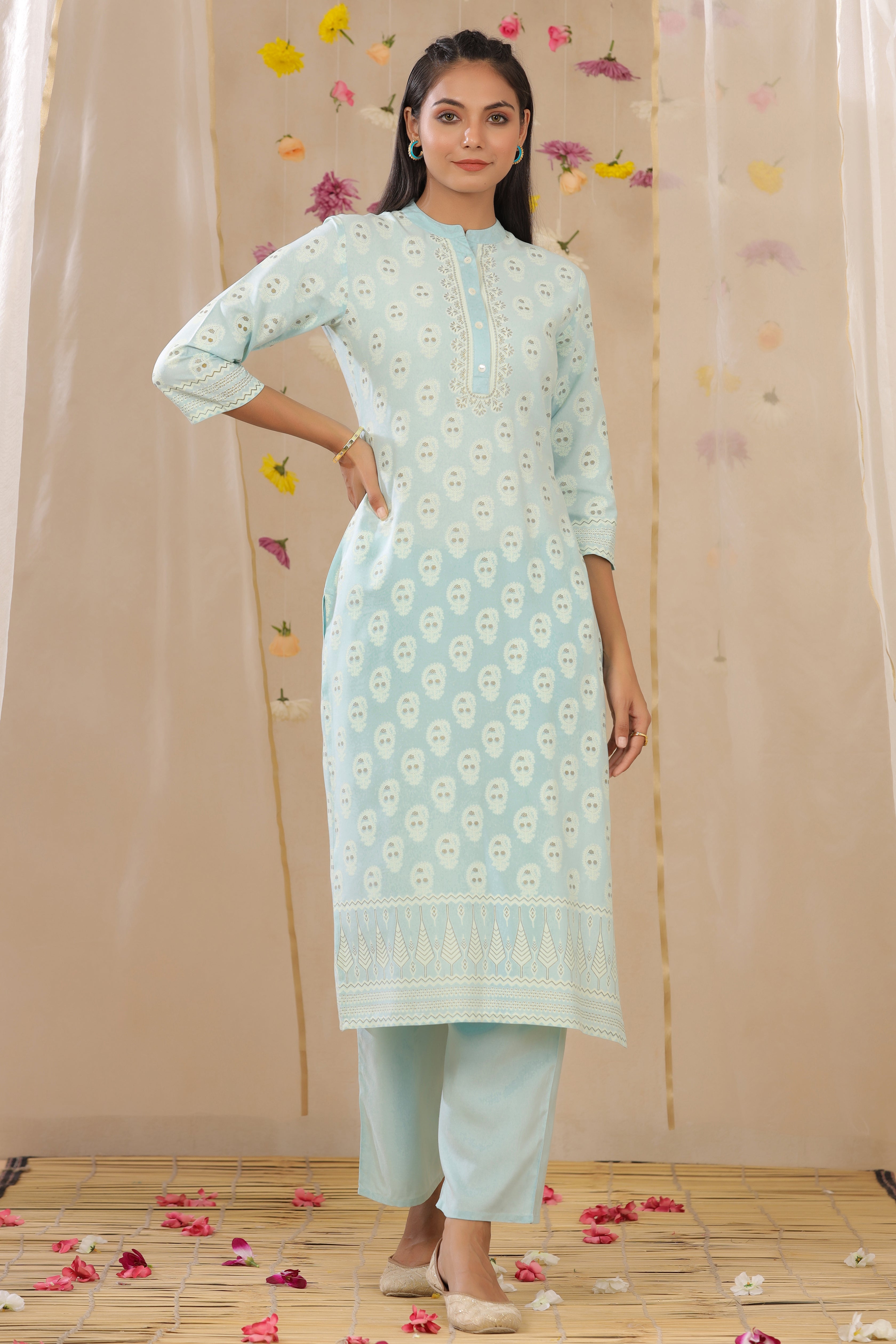 Juniper Powderblue LIVA Rayon Printed Straight Kurta Palazzo Set