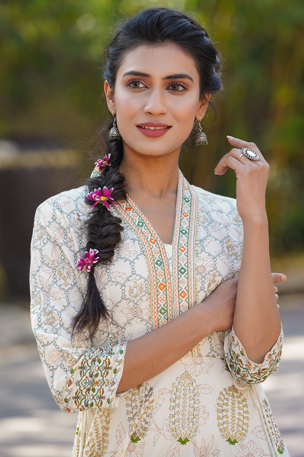 Juniper Ivory Ethnic Motif Printed Rayon Flared Maxi Dress.