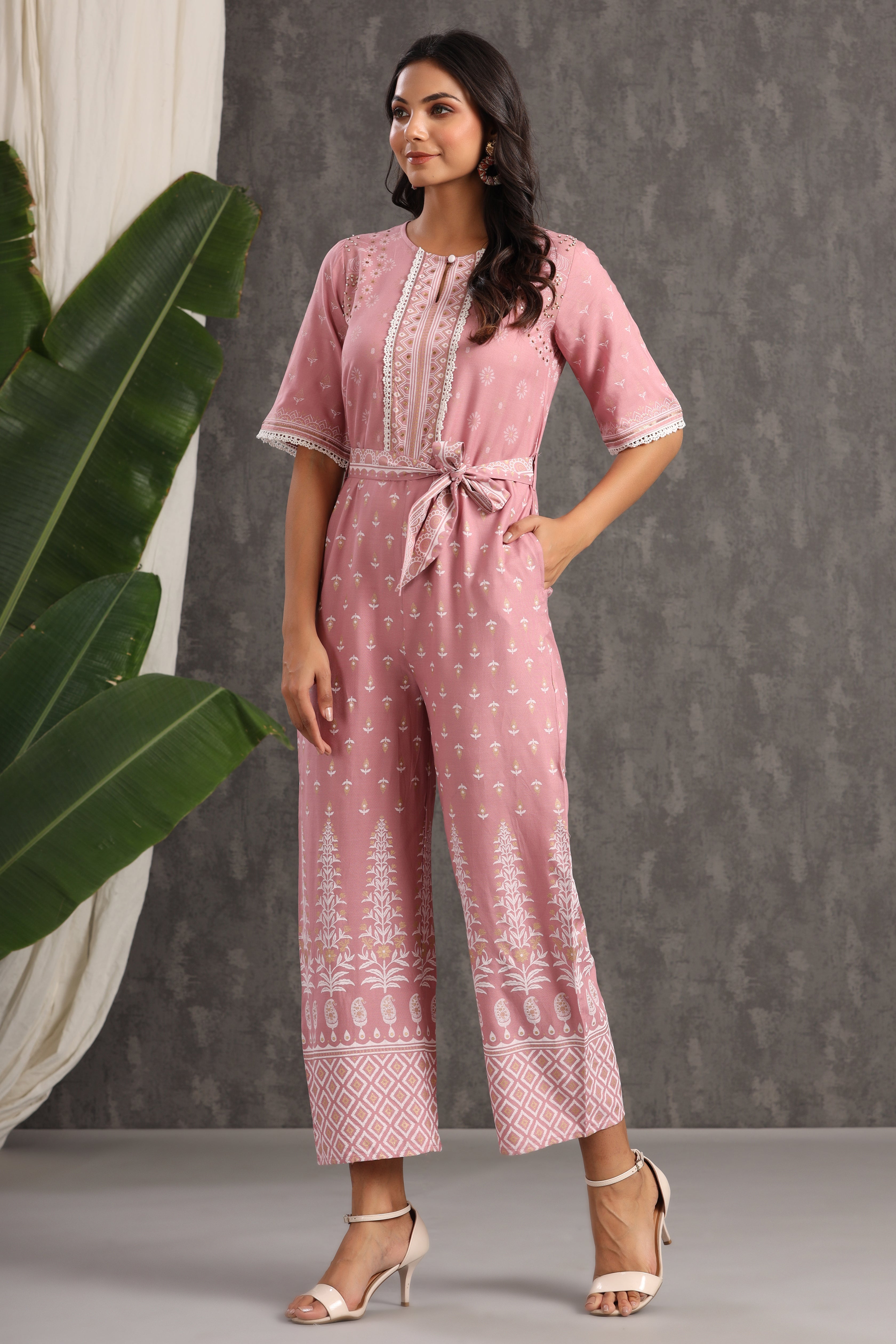 Juniper Onionpink Rayon Printed Ethnic Jumpsuit with Belt - Juniper Fashion