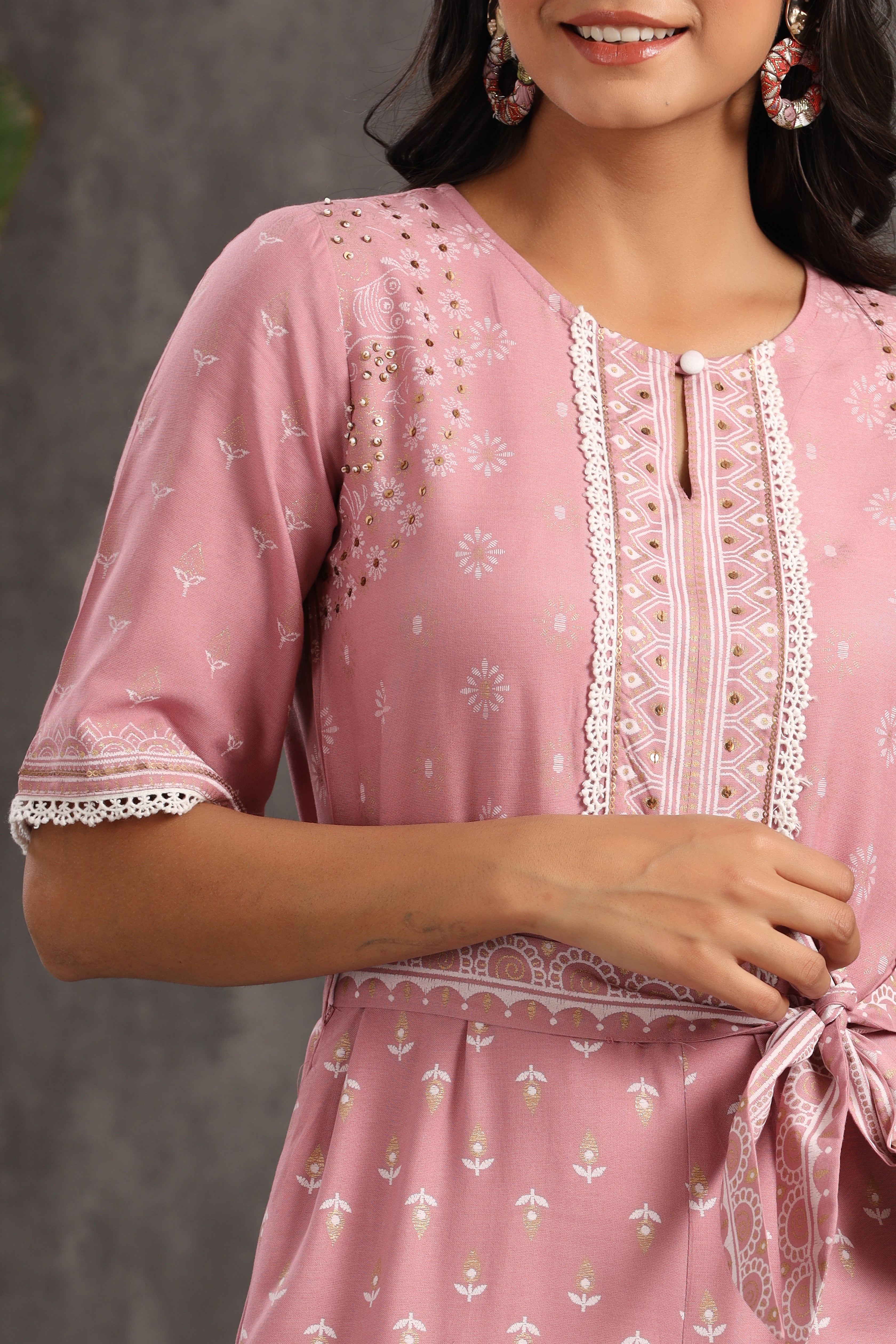 Juniper Onionpink Rayon Printed Ethnic Jumpsuit with Belt - Juniper Fashion