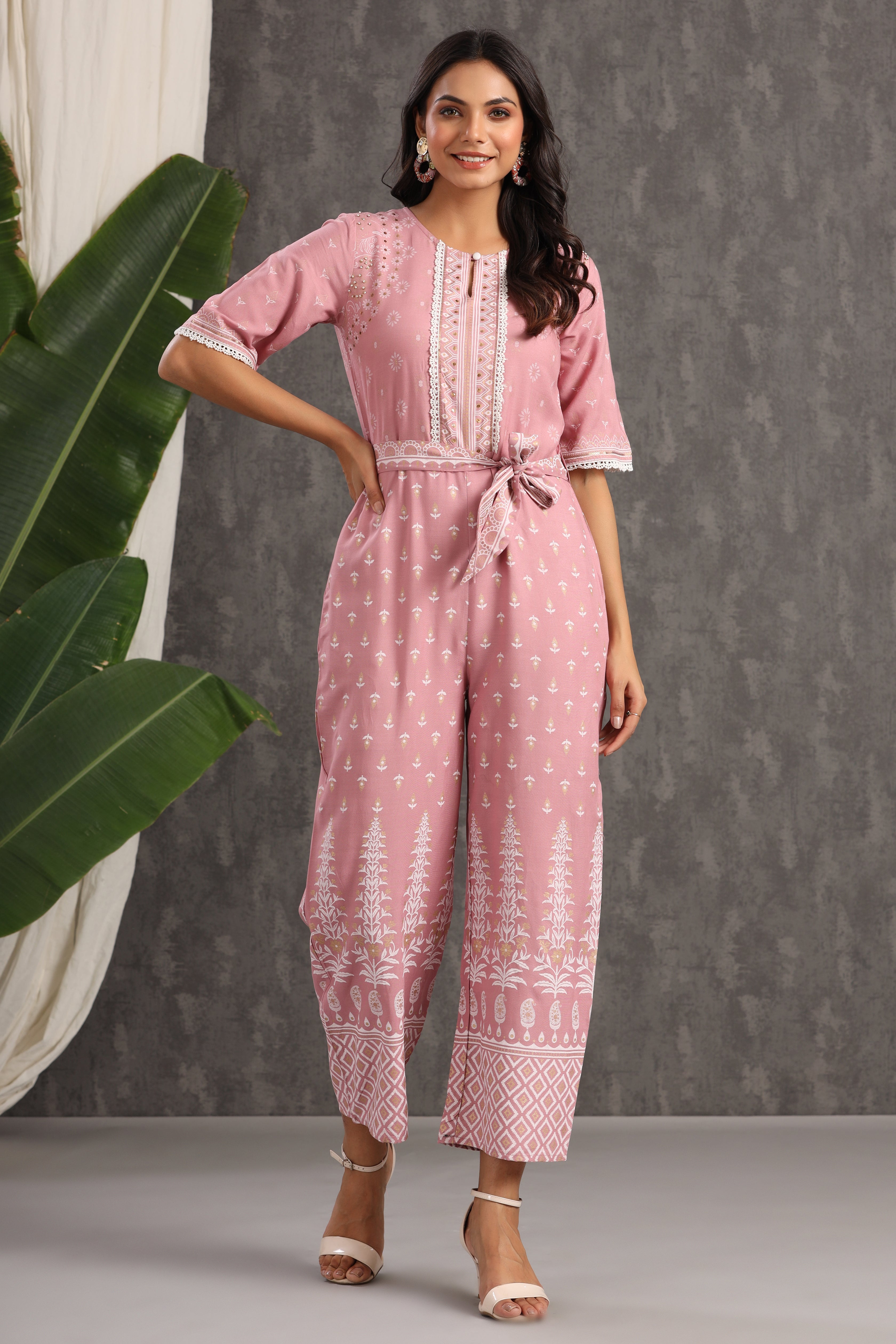 Juniper Onionpink Rayon Printed Ethnic Jumpsuit with Belt - Juniper Fashion