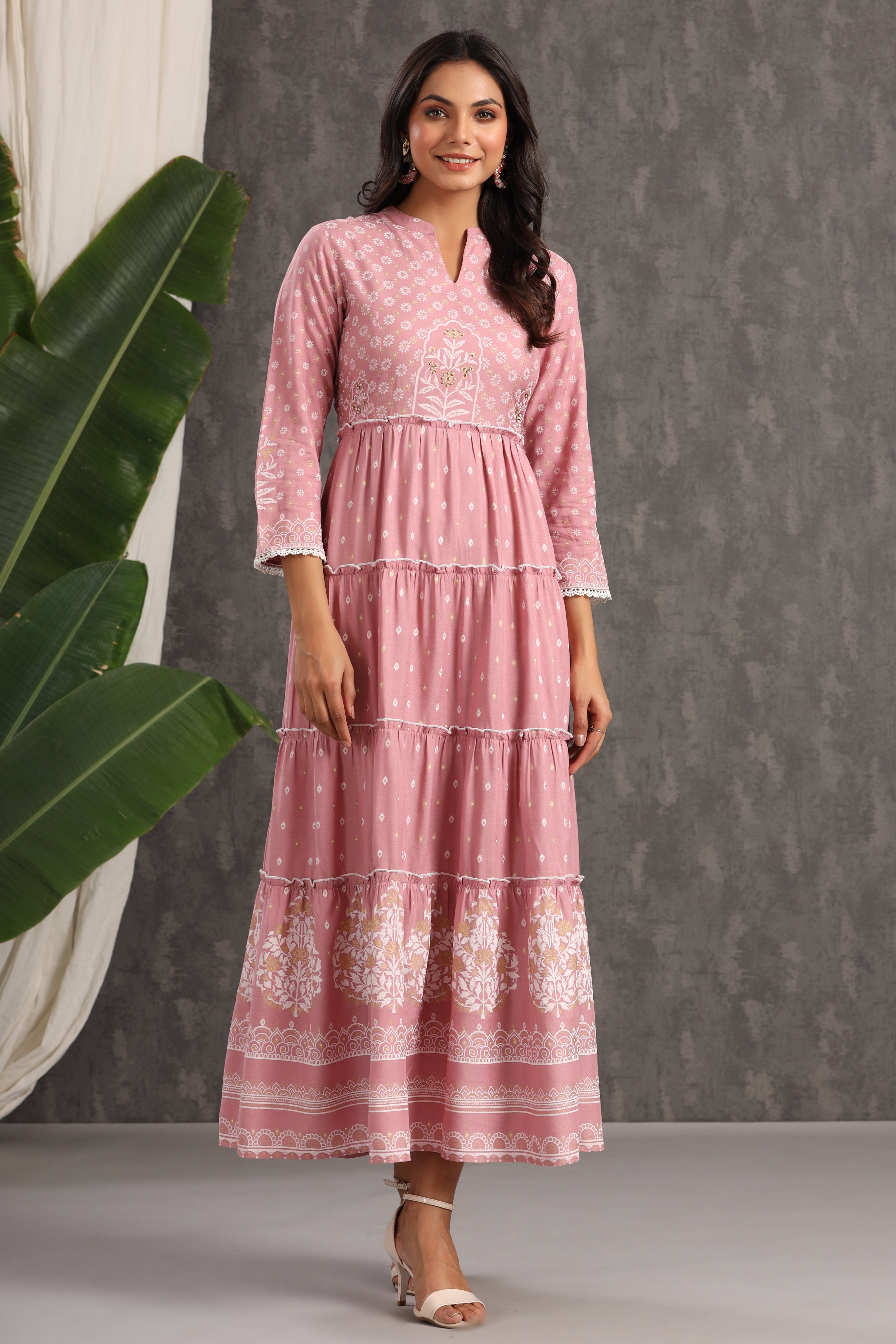 Juniper Onionpink LIVA Rayon Printed Tiered Dress - Juniper Fashion