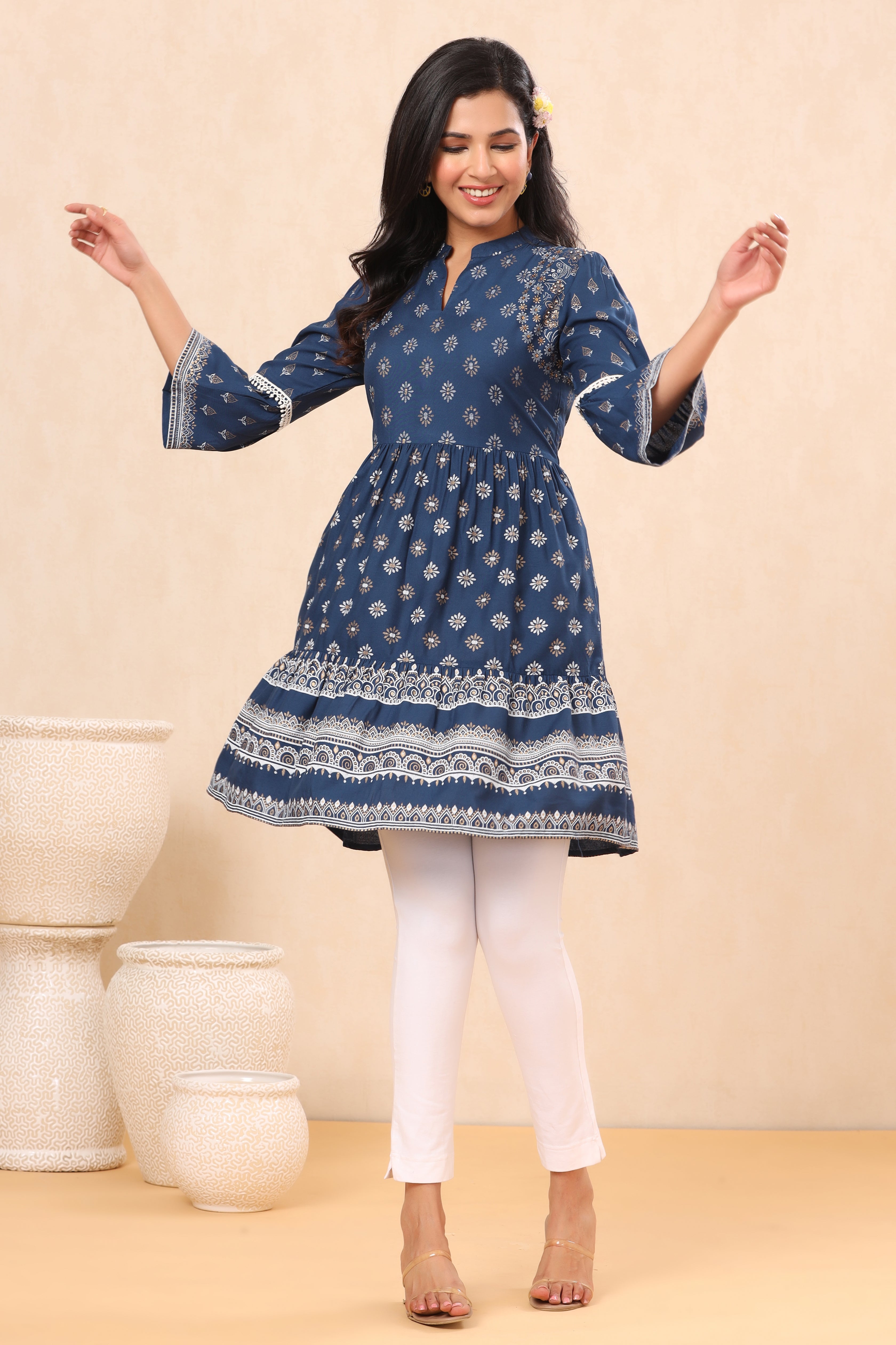 Juniper Indigo Ethnic Motif Printed Rayon Lacy Tunic with Beads & Sequins Work - Juniper Fashion