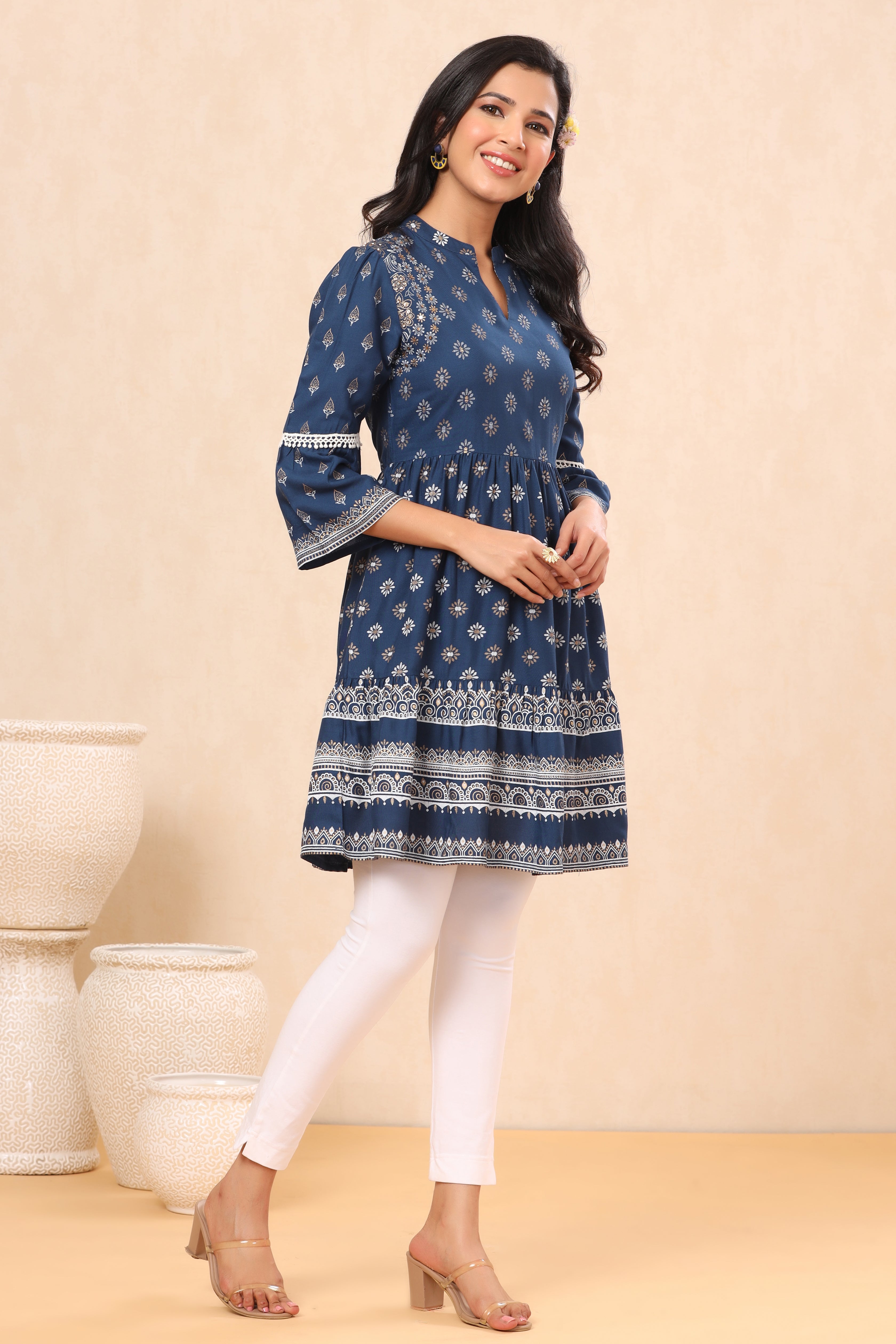 Juniper Indigo Ethnic Motif Printed Rayon Lacy Tunic with Beads & Sequins Work - Juniper Fashion