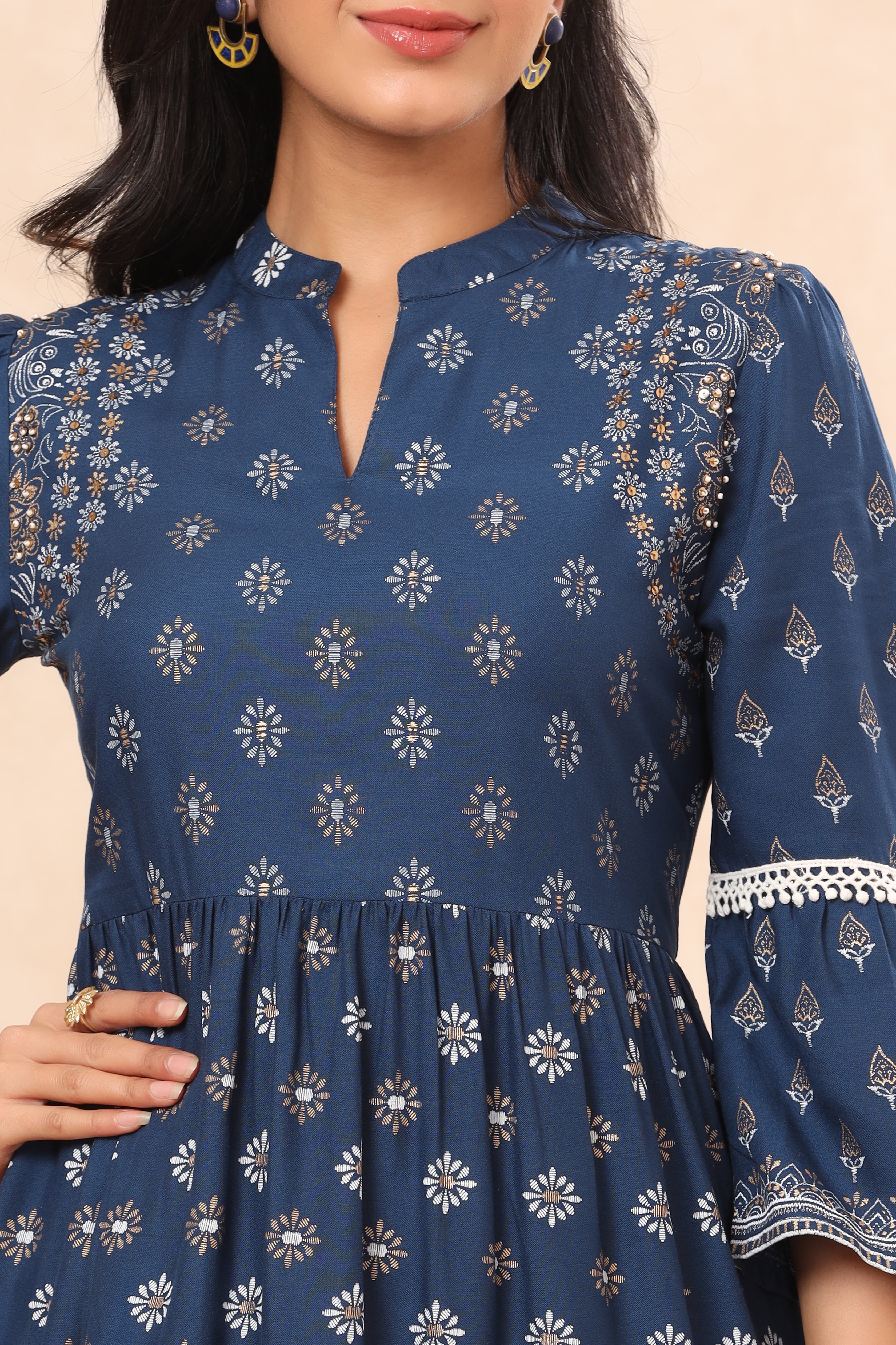 Juniper Indigo Ethnic Motif Printed Rayon Lacy Tunic with Beads & Sequins Work - Juniper Fashion