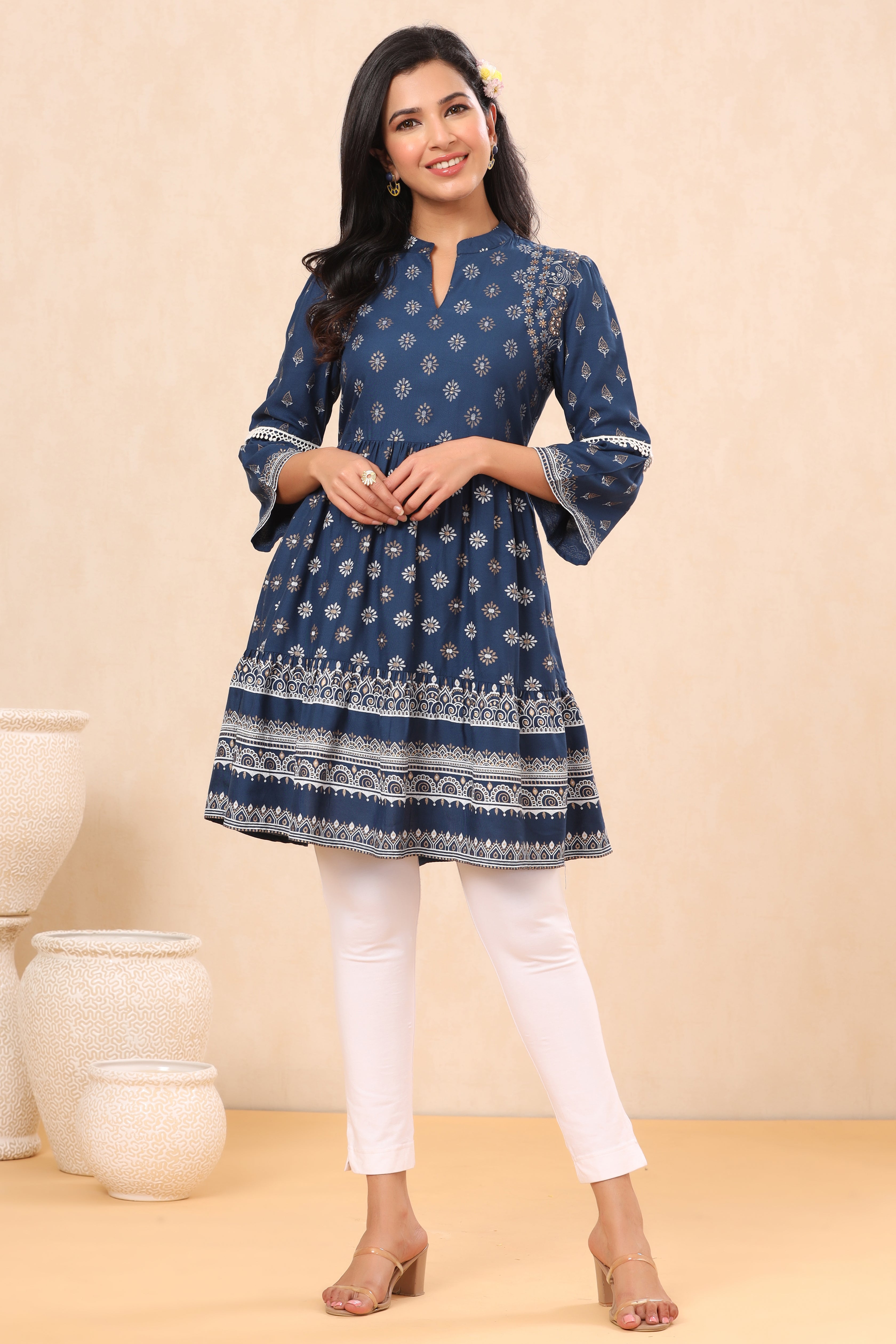 Juniper Indigo Ethnic Motif Printed Rayon Lacy Tunic with Beads & Sequins Work - Juniper Fashion